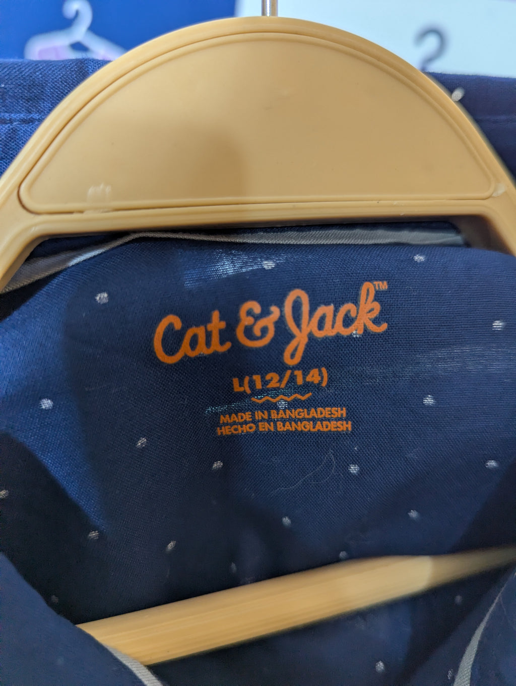 Cat & Jack Boys Navy Blue Polka Dot Long-Sleeve Button-Down Shirt - Size L 12/14 Years (Estimated Age 12-14) AB1