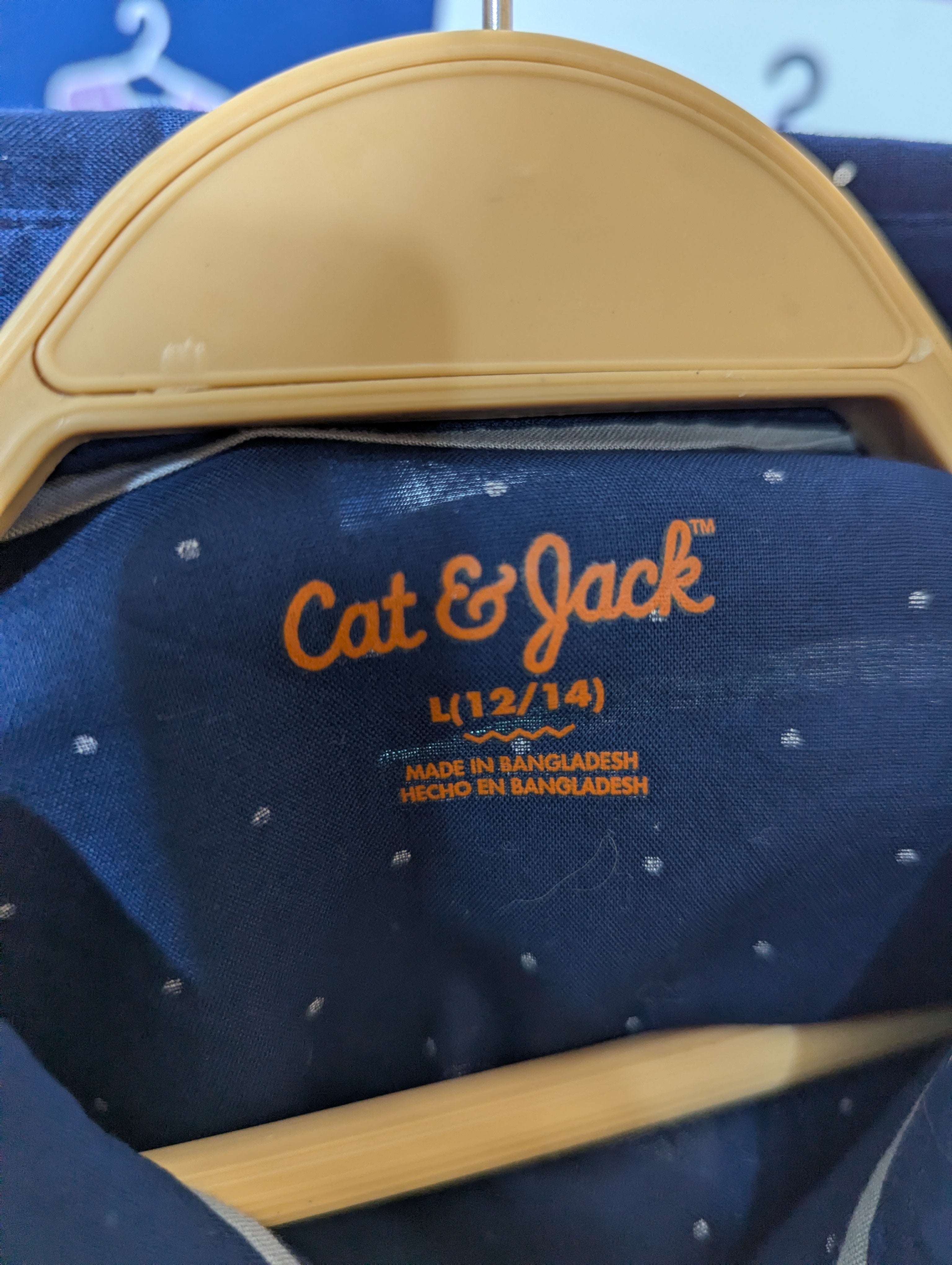 Cat & Jack Boys Navy Blue Polka Dot Long-Sleeve Button-Down Shirt - Size L 12/14 Years (Estimated Age 12-14) AB1