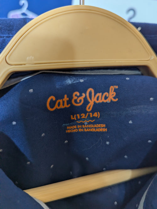 Cat & Jack Boys Navy Blue Polka Dot Long-Sleeve Button-Down Shirt - Size L 12/14 Years (Estimated Age 12-14) AB1