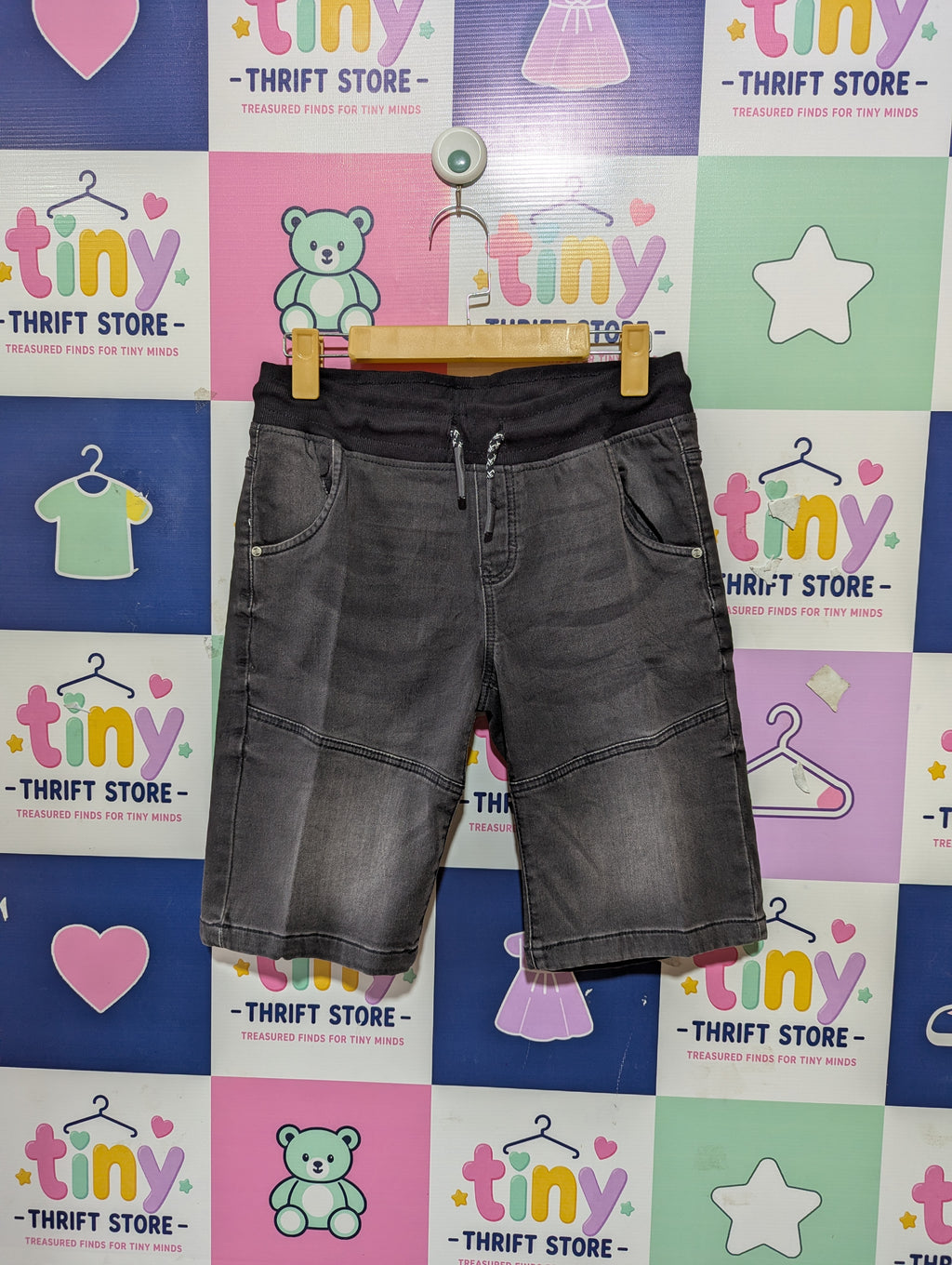 Chapter Young Boys Washed Black Knit-Waist Denim Shorts - Size 164 Estimated Age 13-14 Years AB1