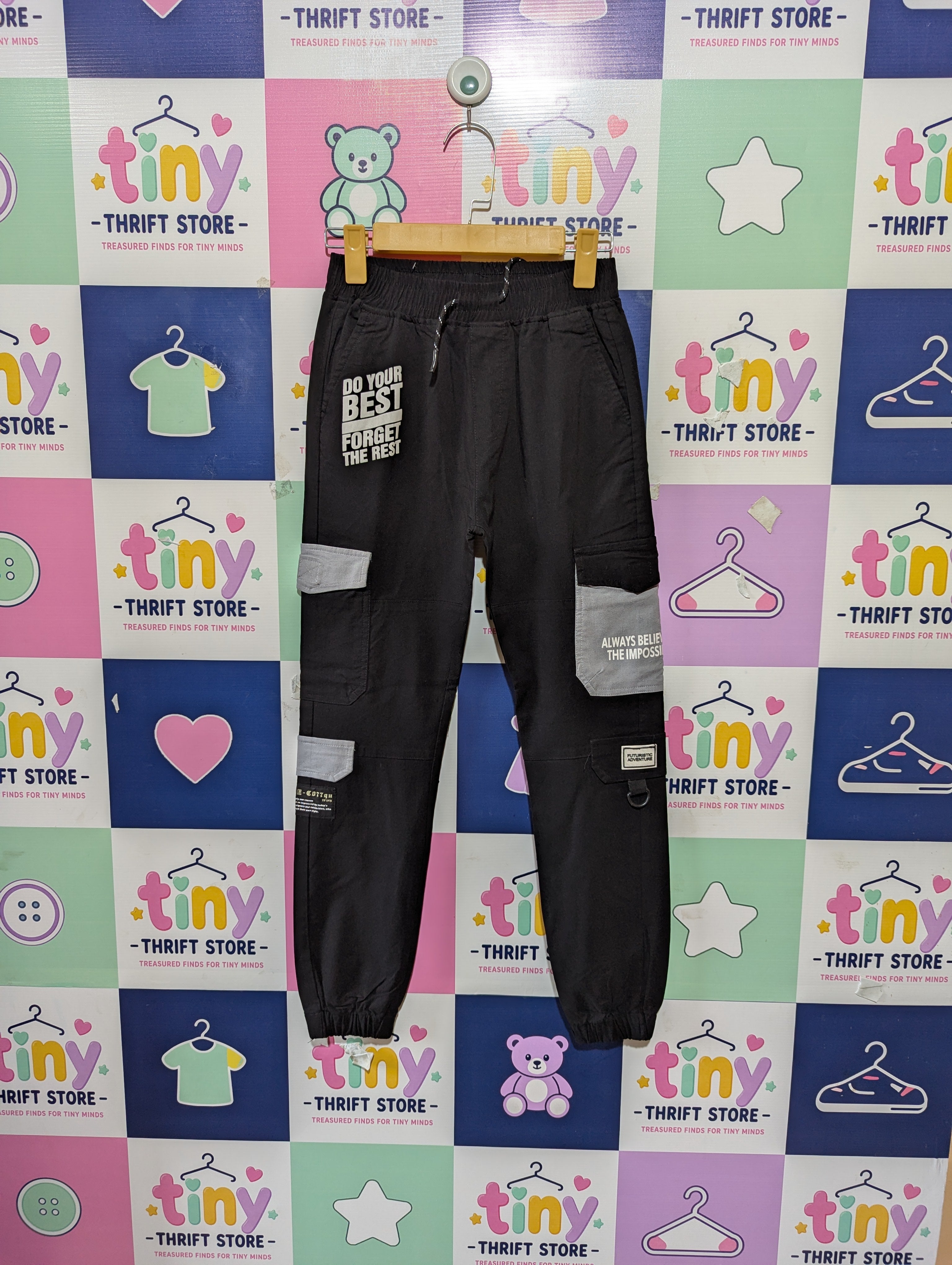 Retro Stitch Boys Black Graphic Print Multi-Pocket Cargo Joggers - Size Estimated Age 14 Years AB1