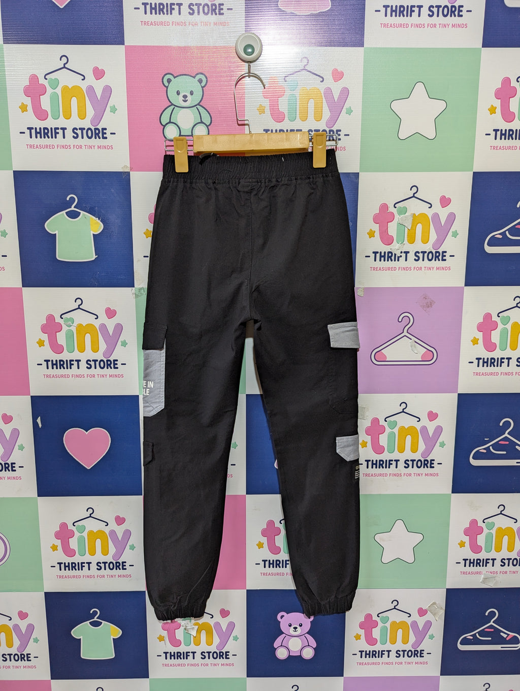 Retro Stitch Boys Black Graphic Print Multi-Pocket Cargo Joggers - Size Estimated Age 14 Years AB1