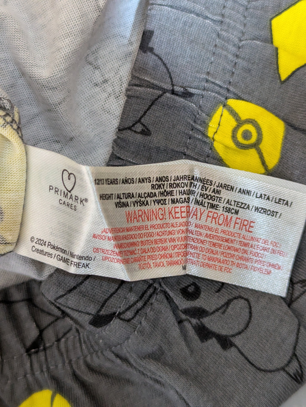 Primark Cares Kids Unisex Grey "Pokémon Pikachu" All-Over Print Pajama Pants / Joggers - Size Estimated Age 12-13 Years AB1