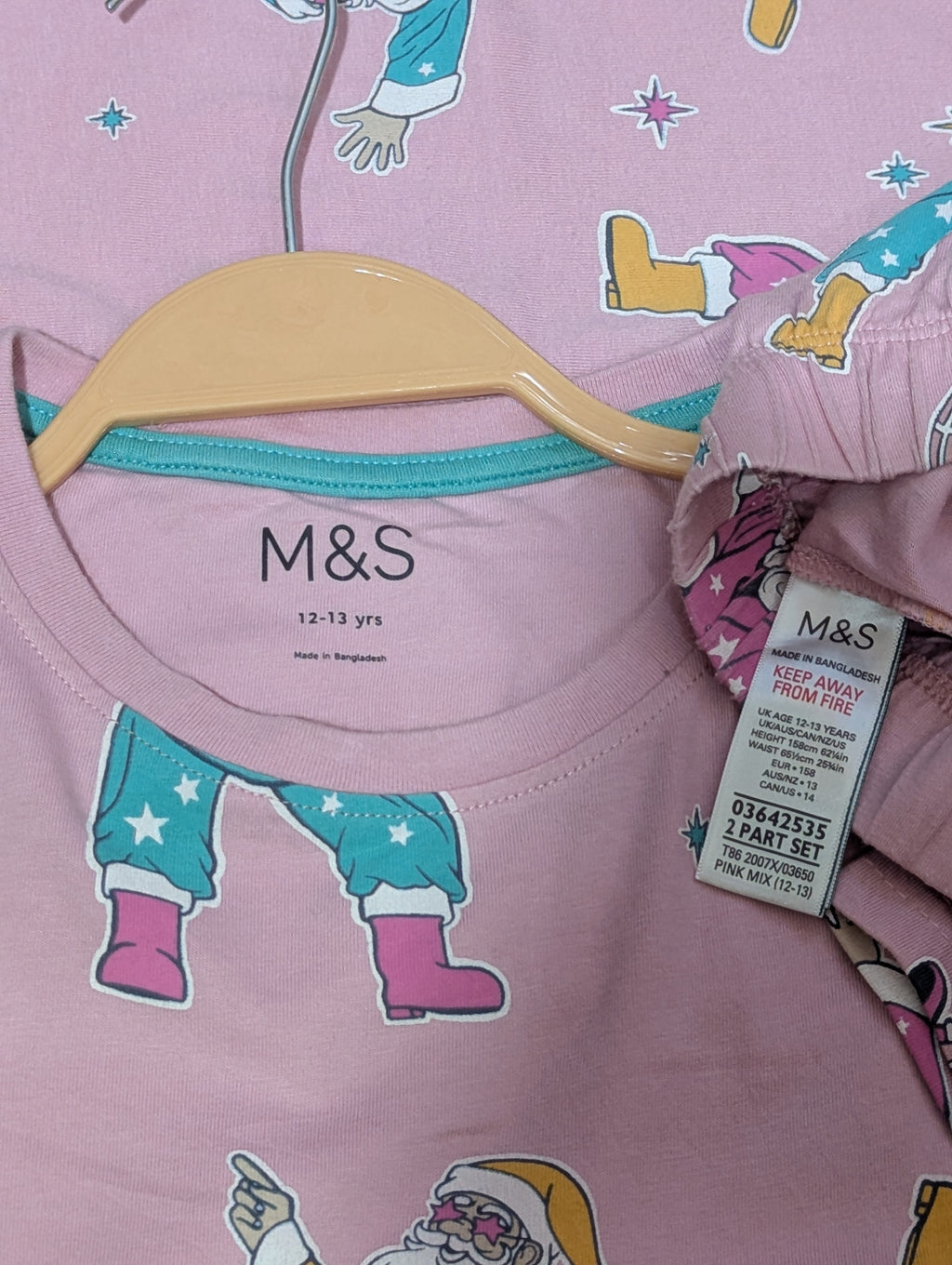 M&S Girls Pink "Disco Santa" Christmas Short Sleeve Pajama Set - Size Estimated Age 12-13 Years AB1