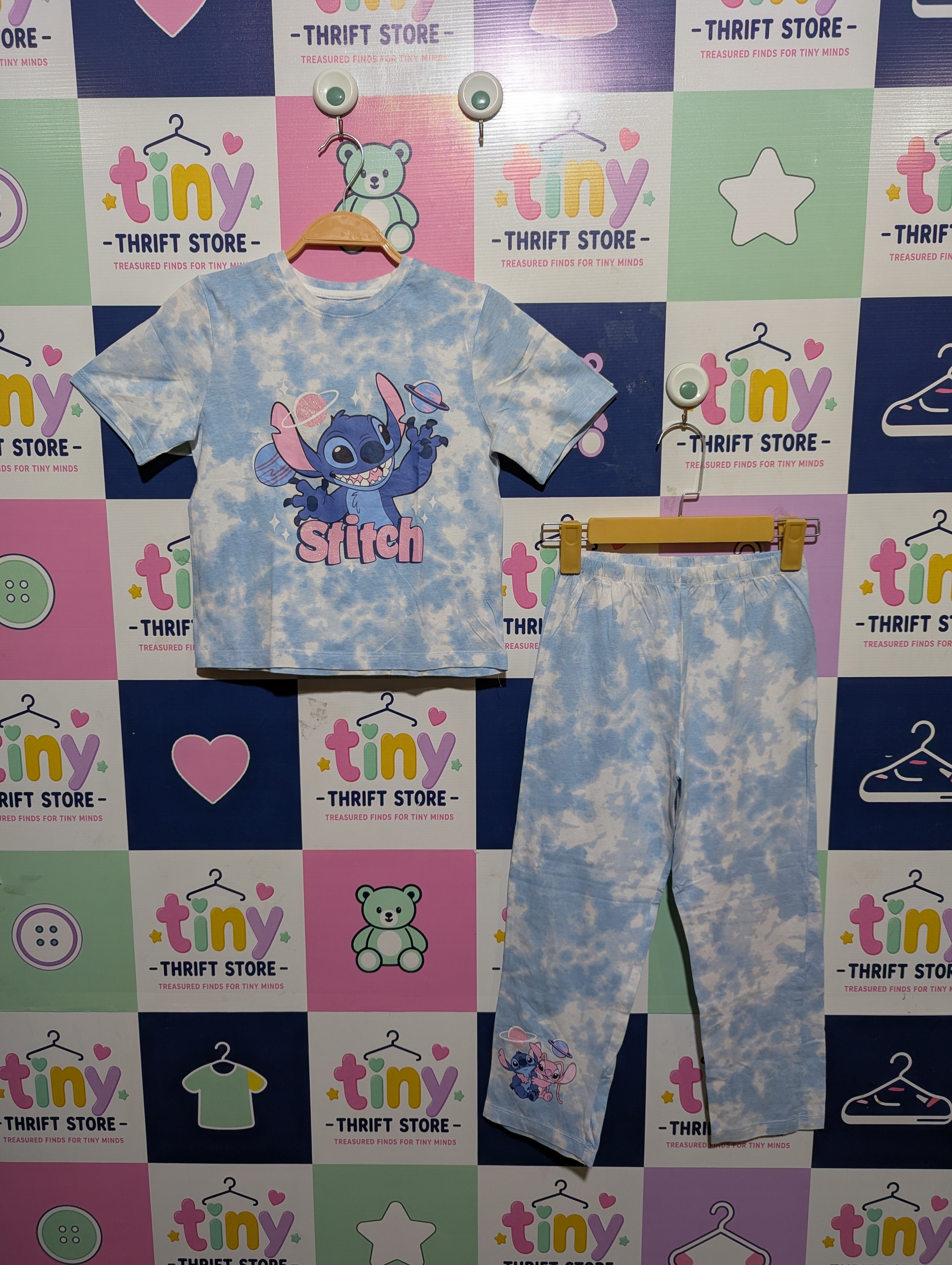 Primark Girls Blue Tie-Dye Disney "Stitch" Short Sleeve Pajama Set - Size Estimated Age 6-7 Years AB1