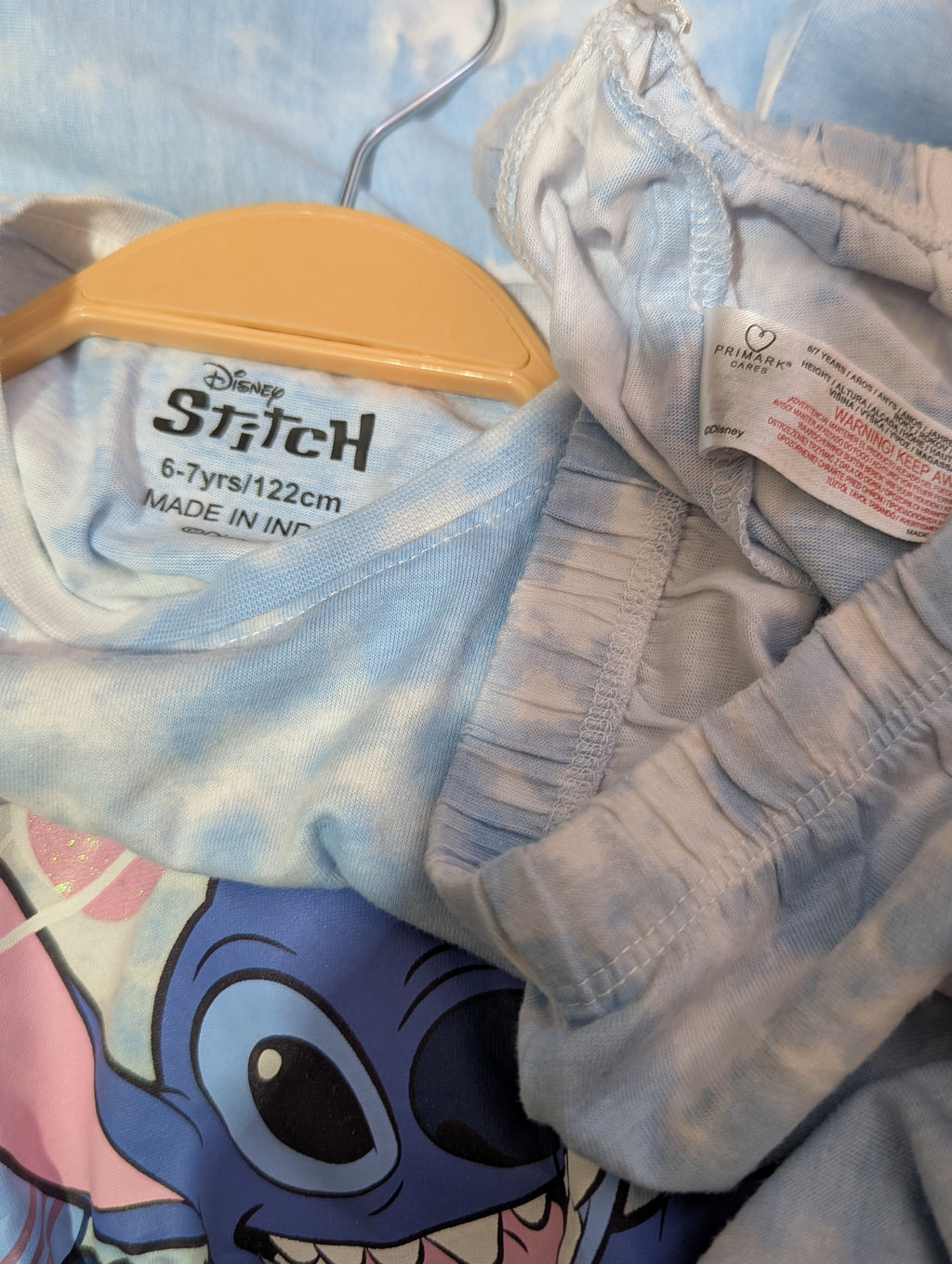 Primark Girls Blue Tie-Dye Disney "Stitch" Short Sleeve Pajama Set - Size Estimated Age 6-7 Years AB1