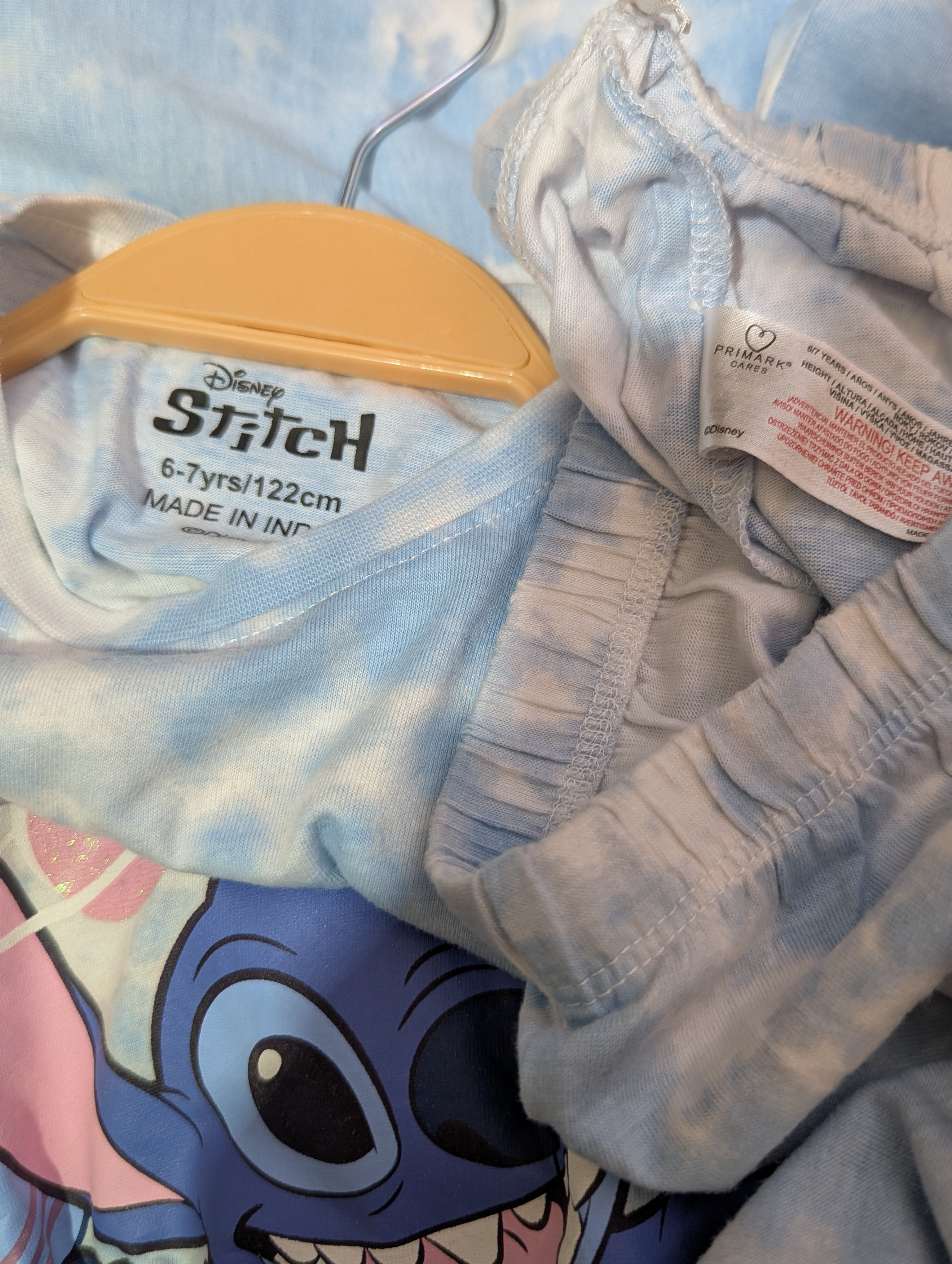 Primark Girls Blue Tie-Dye Disney "Stitch" Short Sleeve Pajama Set - Size Estimated Age 6-7 Years AB1