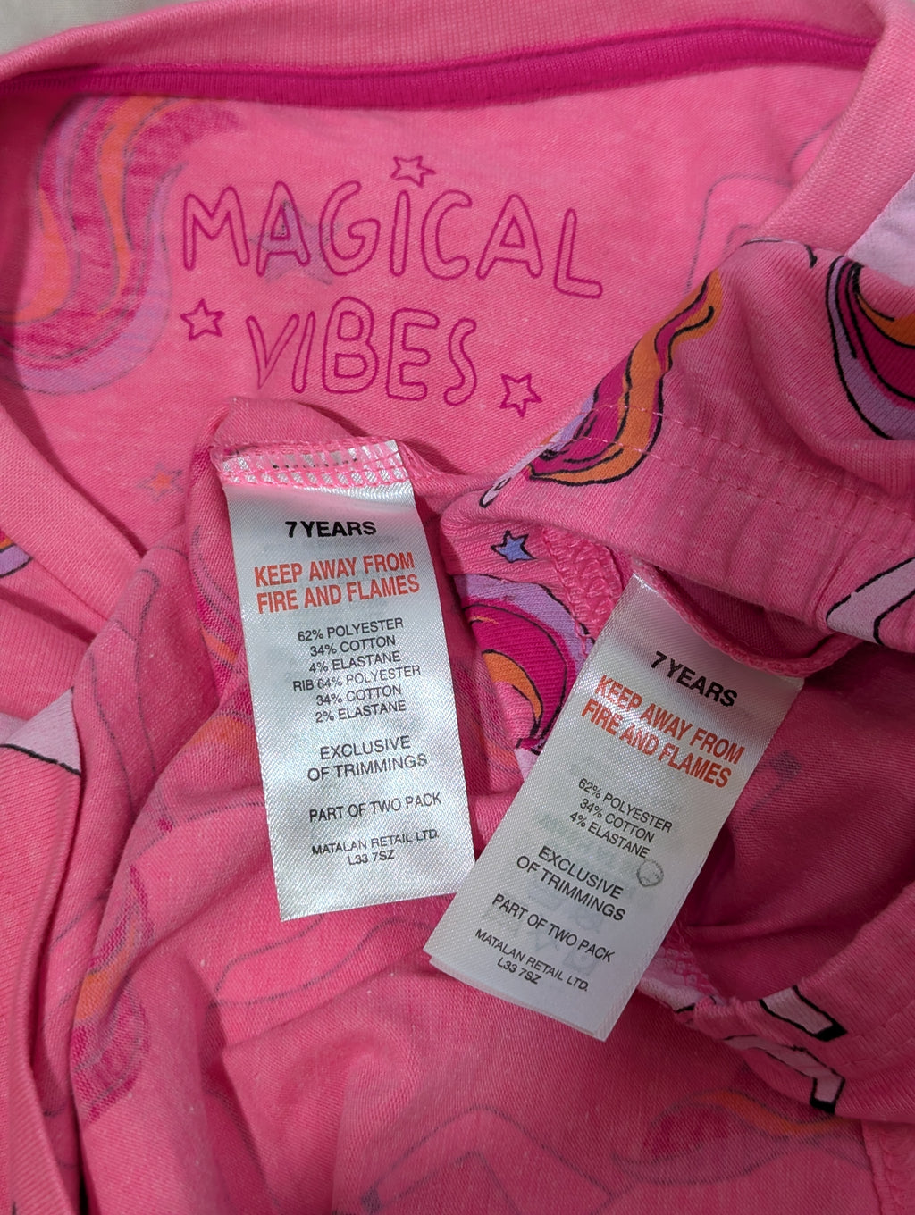 Matalan Girls Bright Pink "Magical Vibes" Unicorn Long Sleeve Pajama Set - Size Estimated Age 7 Years AB1