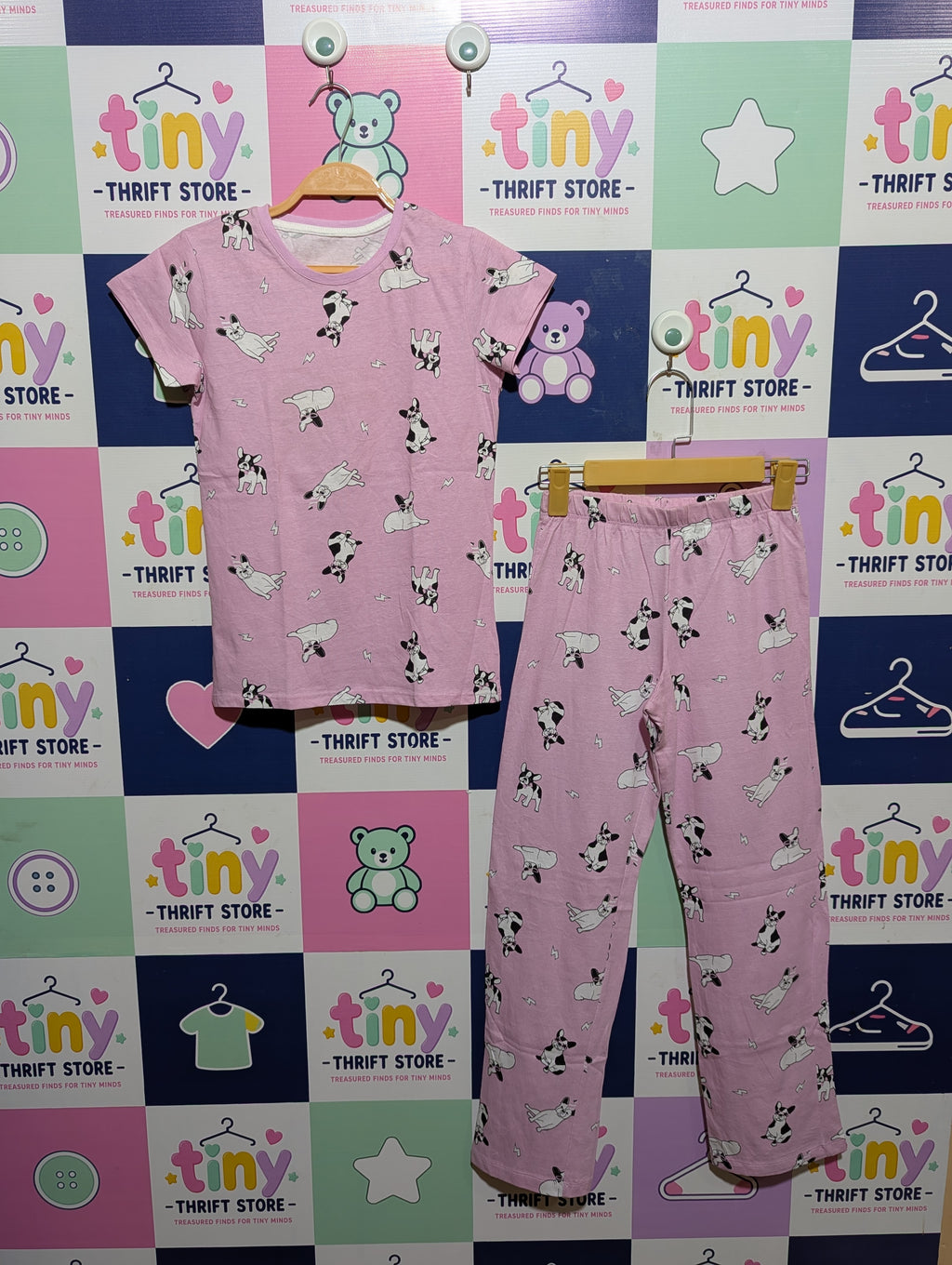 F&F Girls Pink French Bulldog Print T-Shirt & Pajama Set - Size Estimated Age 9-10 Years AB1