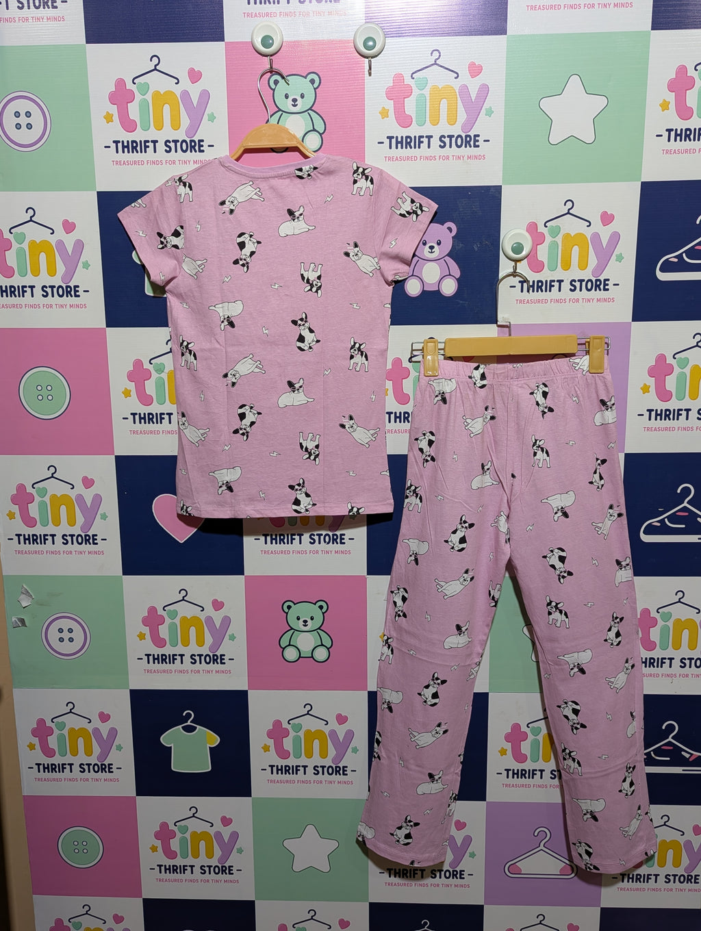 F&F Girls Pink French Bulldog Print T-Shirt & Pajama Set - Size Estimated Age 9-10 Years AB1