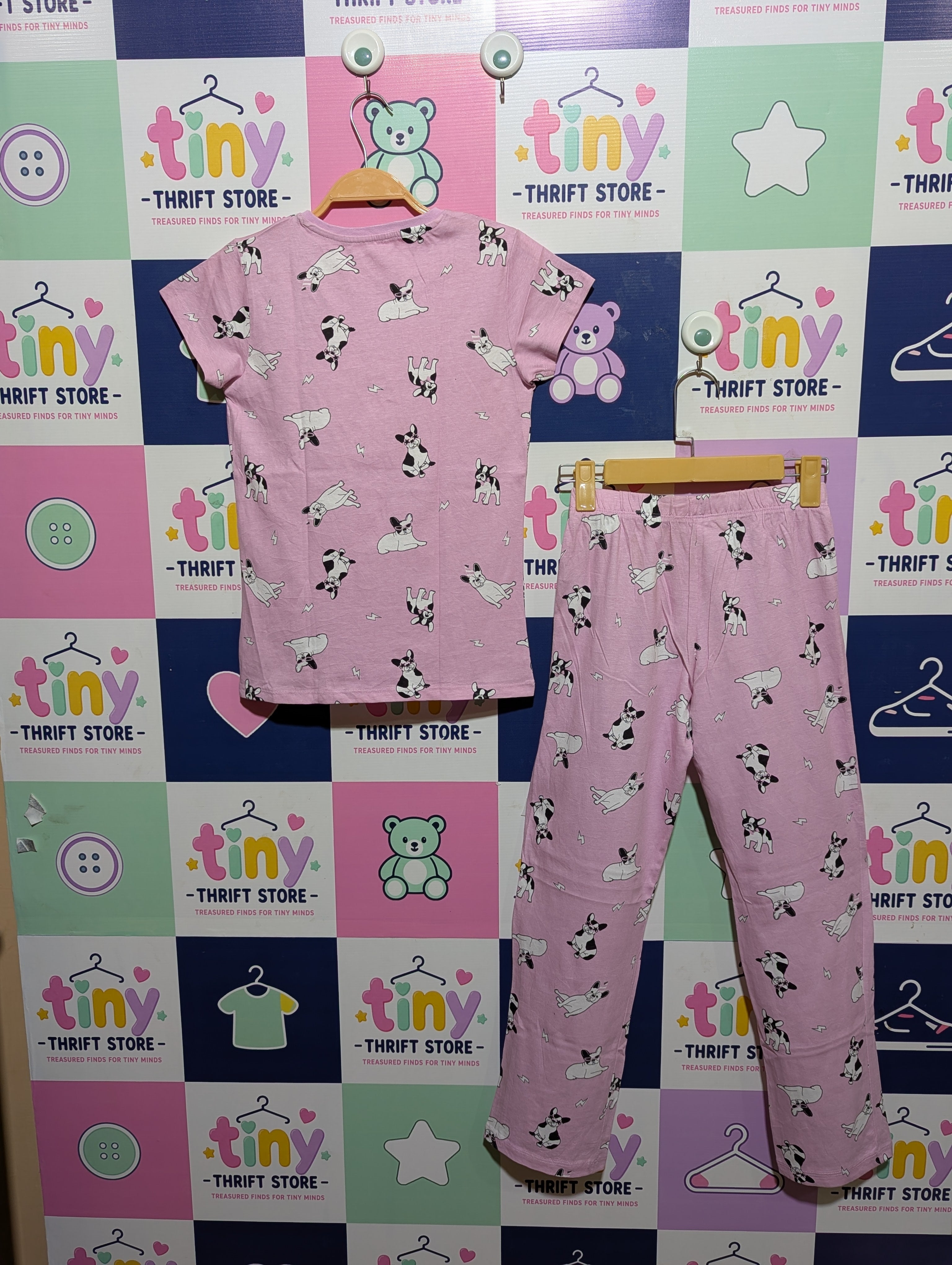 F&F Girls Pink French Bulldog Print T-Shirt & Pajama Set - Size Estimated Age 9-10 Years AB1
