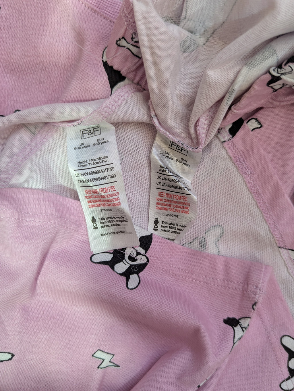F&F Girls Pink French Bulldog Print T-Shirt & Pajama Set - Size Estimated Age 9-10 Years AB1