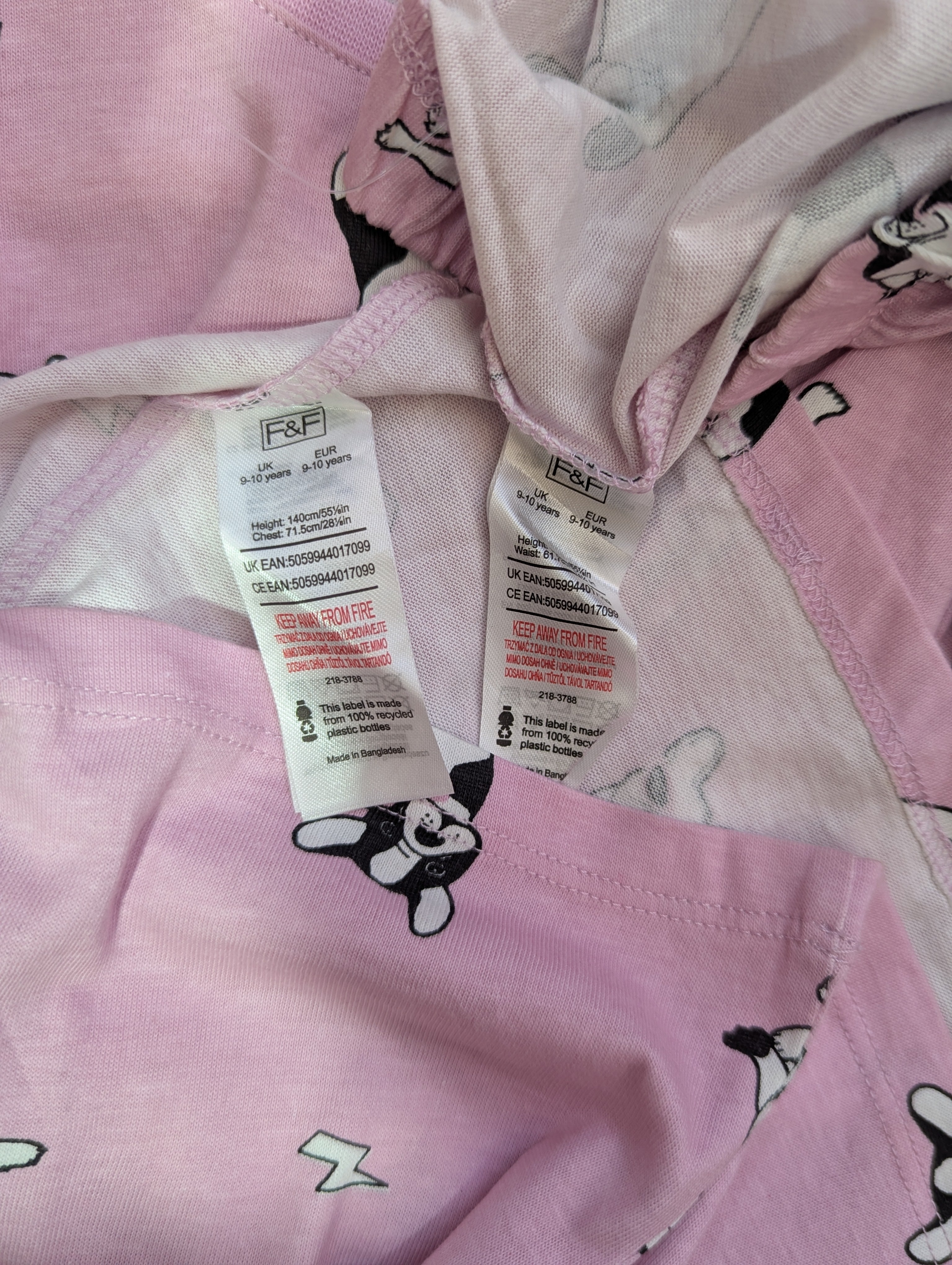 F&F Girls Pink French Bulldog Print T-Shirt & Pajama Set - Size Estimated Age 9-10 Years AB1