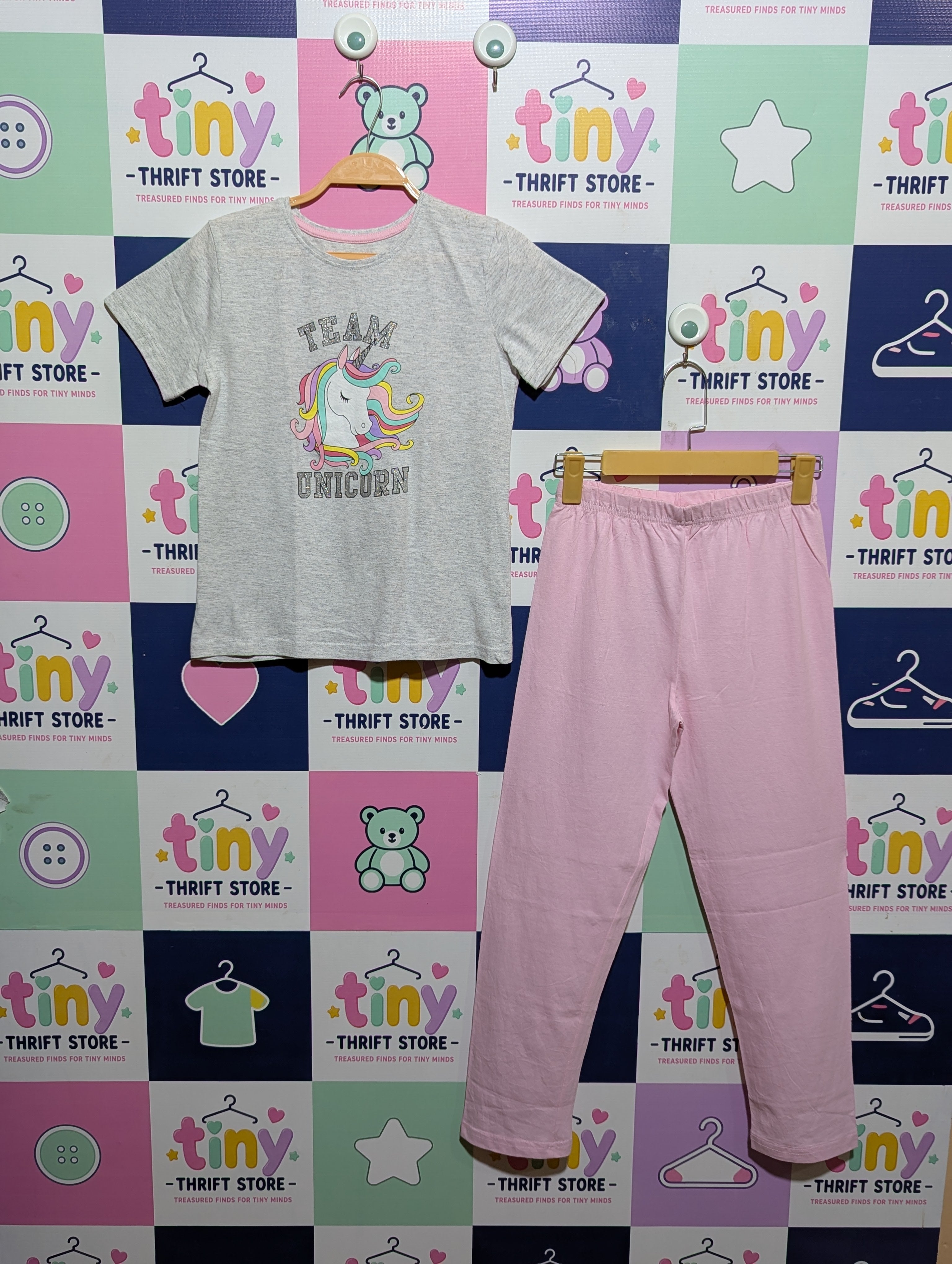 Primark Girls Heather Grey "Team Unicorn" T-Shirt & Pink Pajama Set - Size Estimated Age 9-10 Years AB1