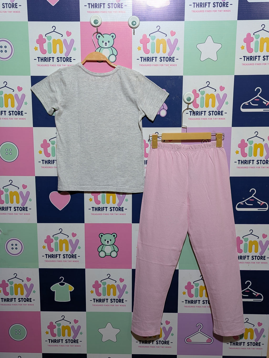 Primark Girls Heather Grey "Team Unicorn" T-Shirt & Pink Pajama Set - Size Estimated Age 9-10 Years AB1