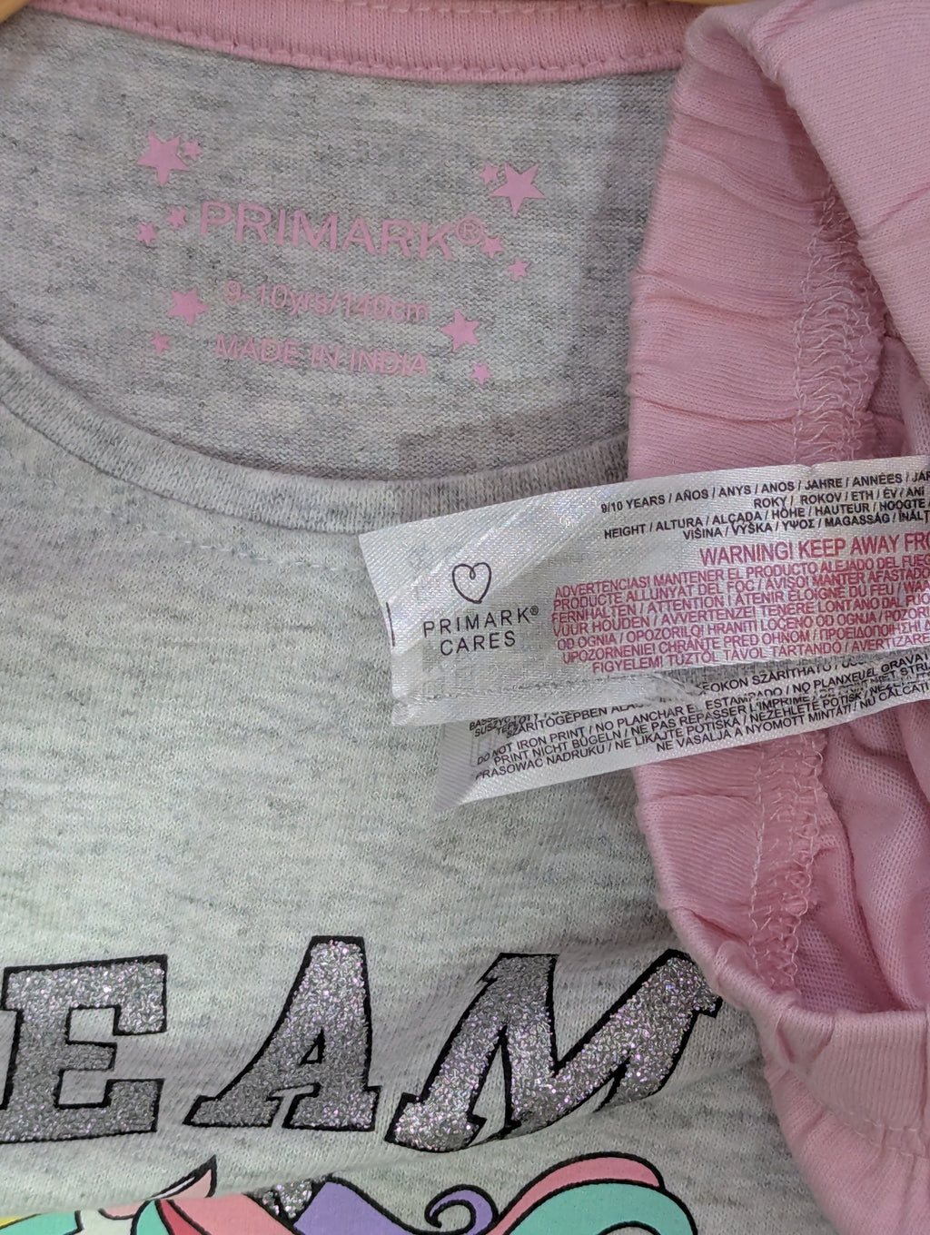 Primark Girls Heather Grey "Team Unicorn" T-Shirt & Pink Pajama Set - Size Estimated Age 9-10 Years AB1