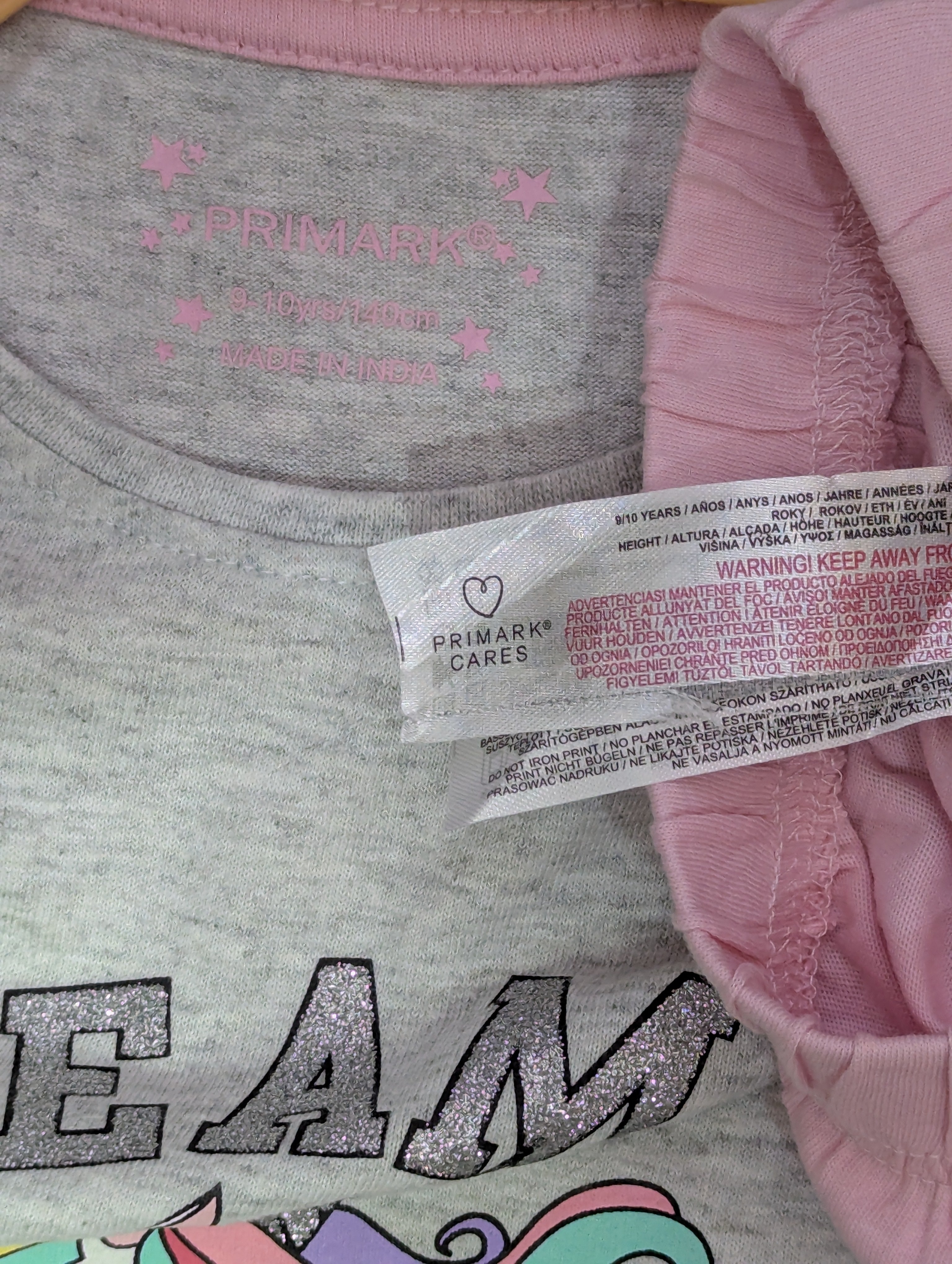 Primark Girls Heather Grey "Team Unicorn" T-Shirt & Pink Pajama Set - Size Estimated Age 9-10 Years AB1