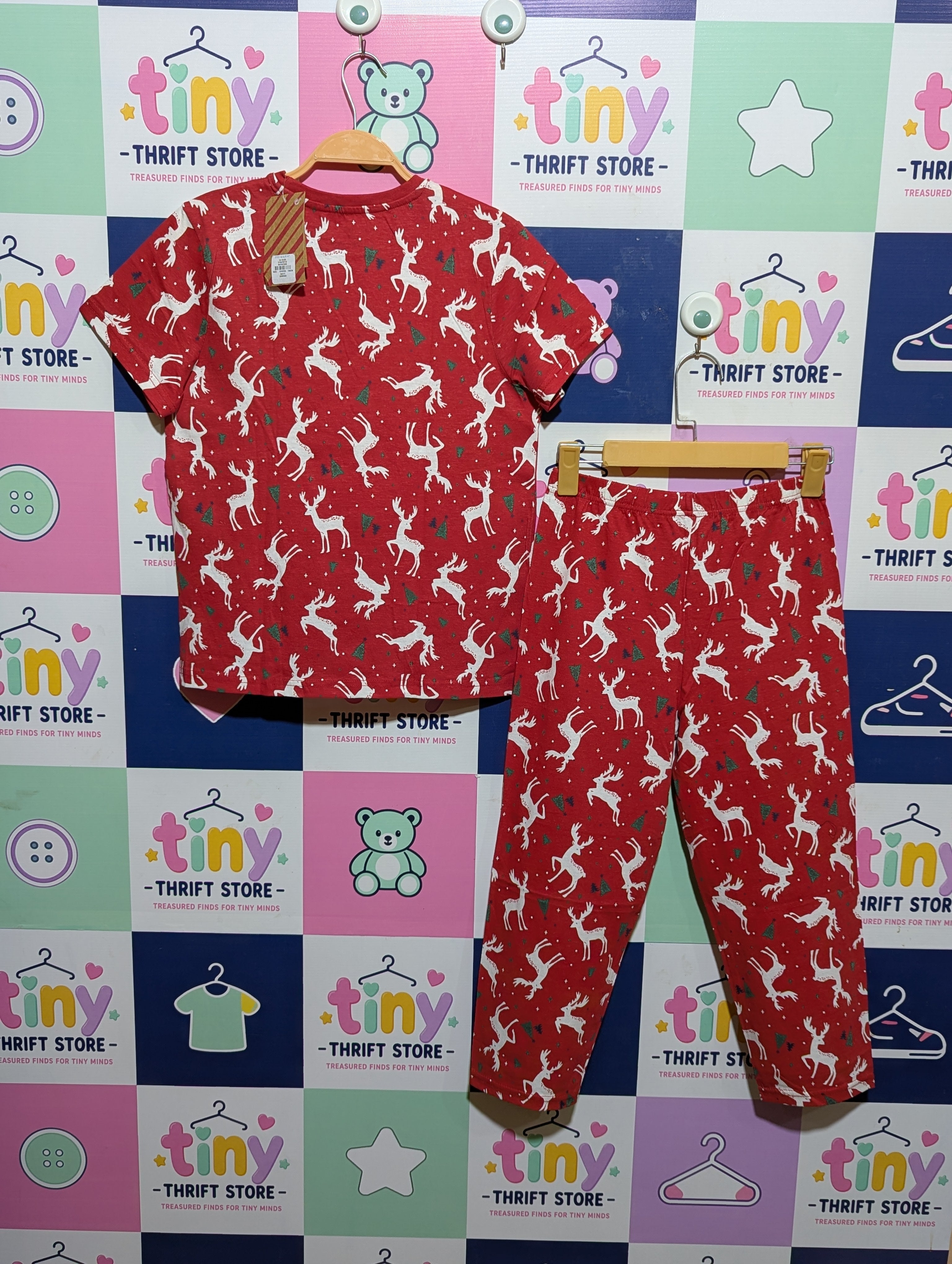 Primark Unisex Kids Red Christmas Reindeer T-Shirt & Pajama Set - Size Estimated Age 9-10 Years AB1