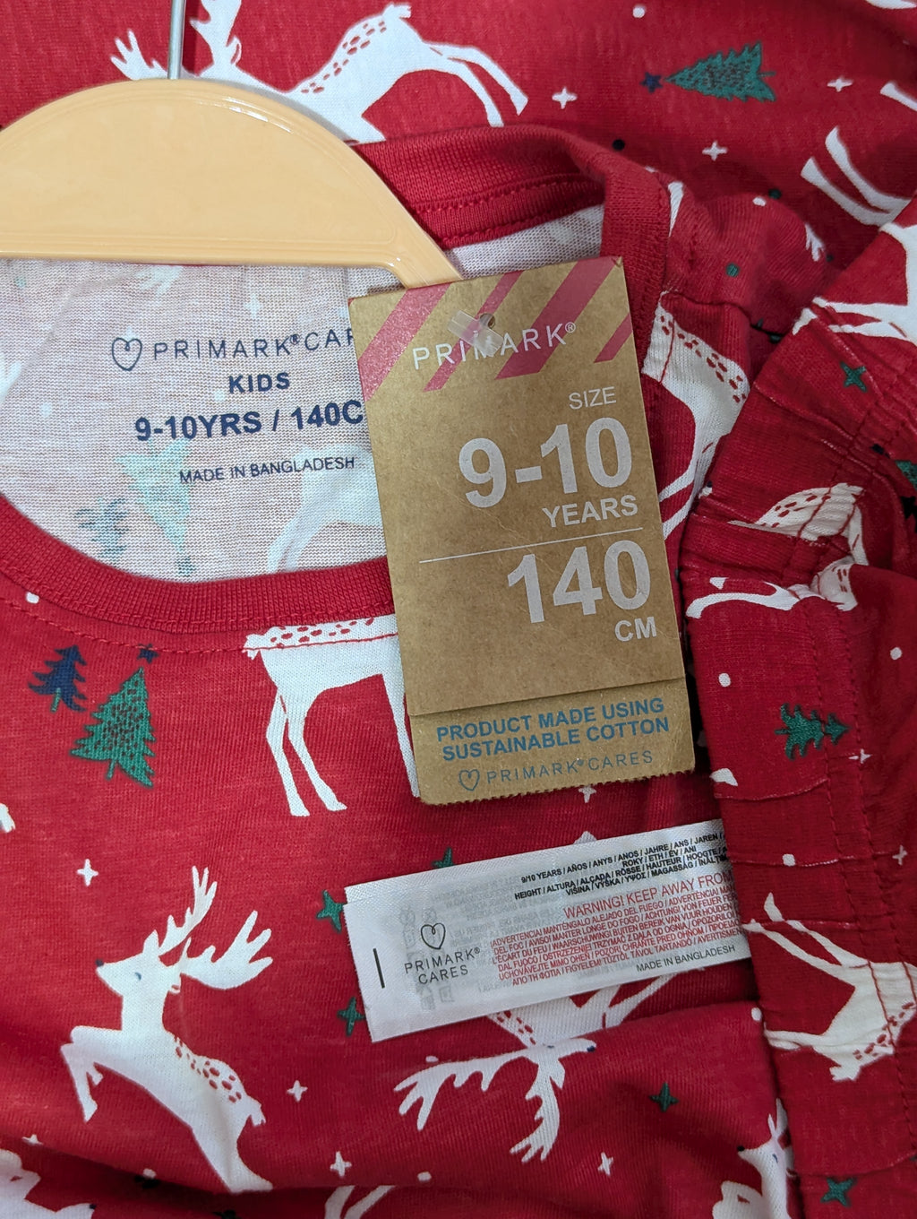 Primark Unisex Kids Red Christmas Reindeer T-Shirt & Pajama Set - Size Estimated Age 9-10 Years AB1