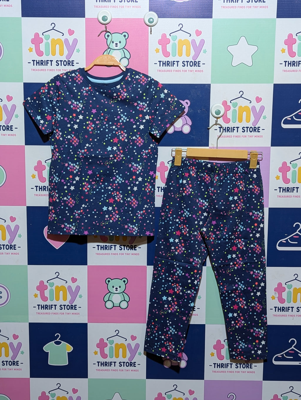 M&S Girls Navy Indigo Star Print T-Shirt & Pajama Set - Size Estimated Age 8-9 Years AB1