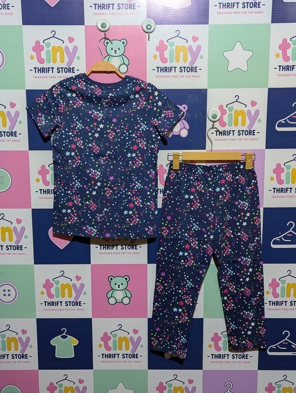 M&S Girls Navy Indigo Star Print T-Shirt & Pajama Set - Size Estimated Age 8-9 Years AB1