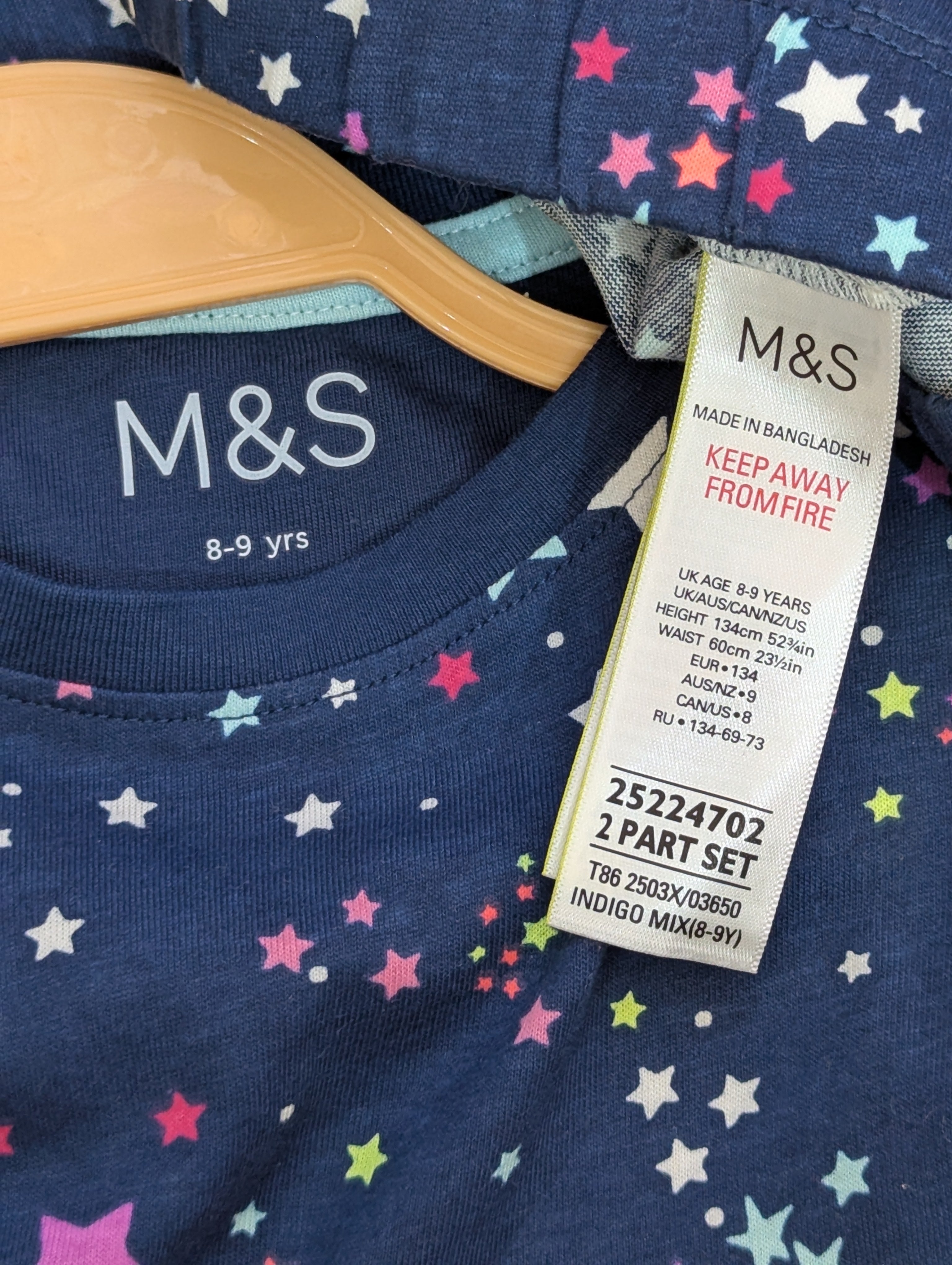M&S Girls Navy Indigo Star Print T-Shirt & Pajama Set - Size Estimated Age 8-9 Years AB1