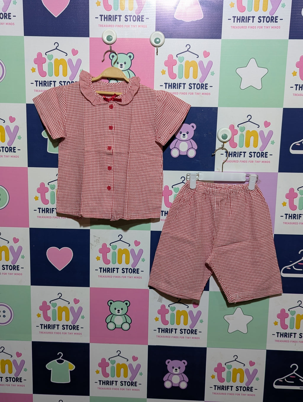Japanese Brand Girls Red Gingham Peter Pan Collar Blouse and Shorts Set - Size 110 Estimated Age 5-6 Years AB1