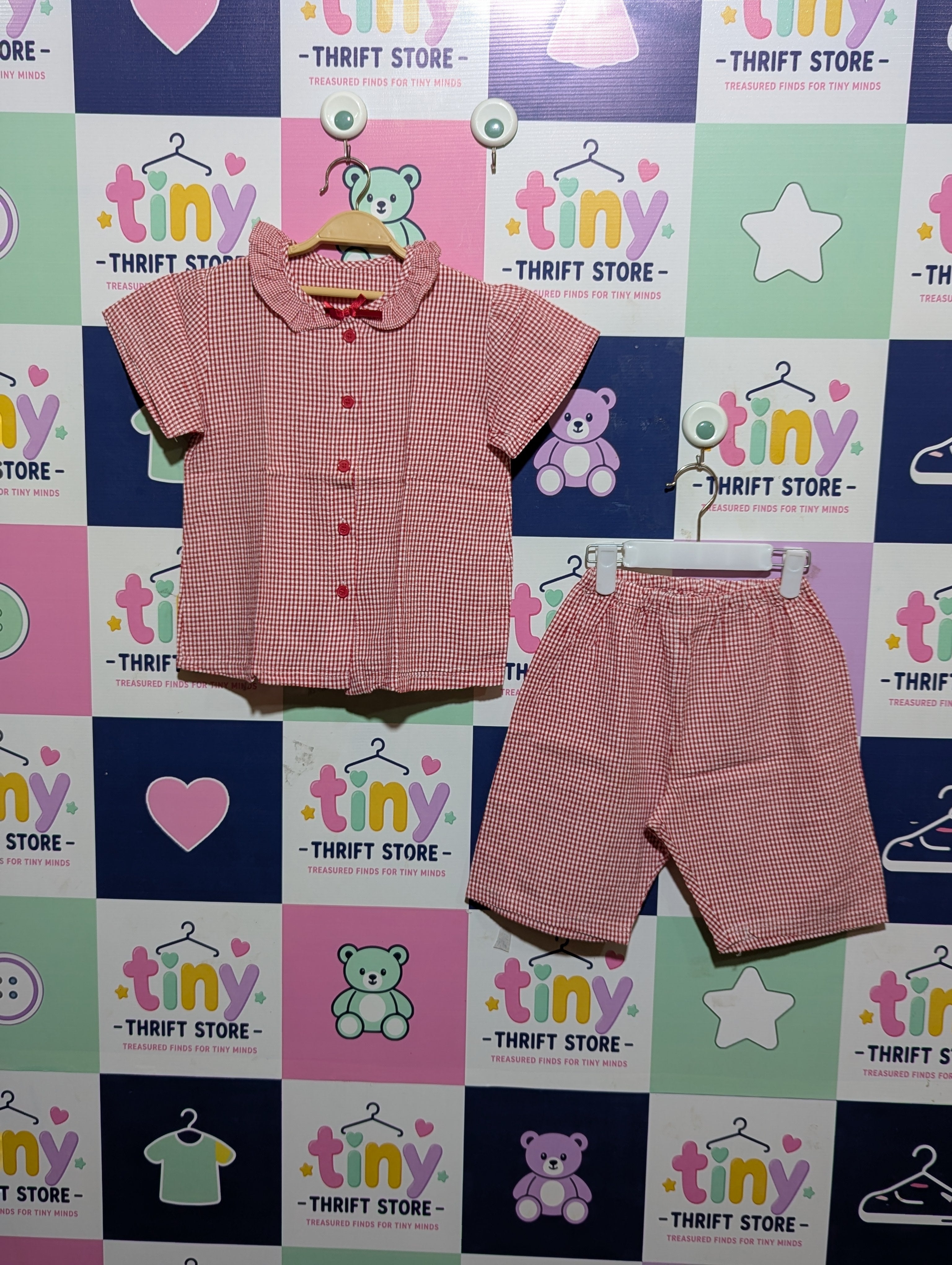 Japanese Brand Girls Red Gingham Peter Pan Collar Blouse and Shorts Set - Size 110 Estimated Age 5-6 Years AB1