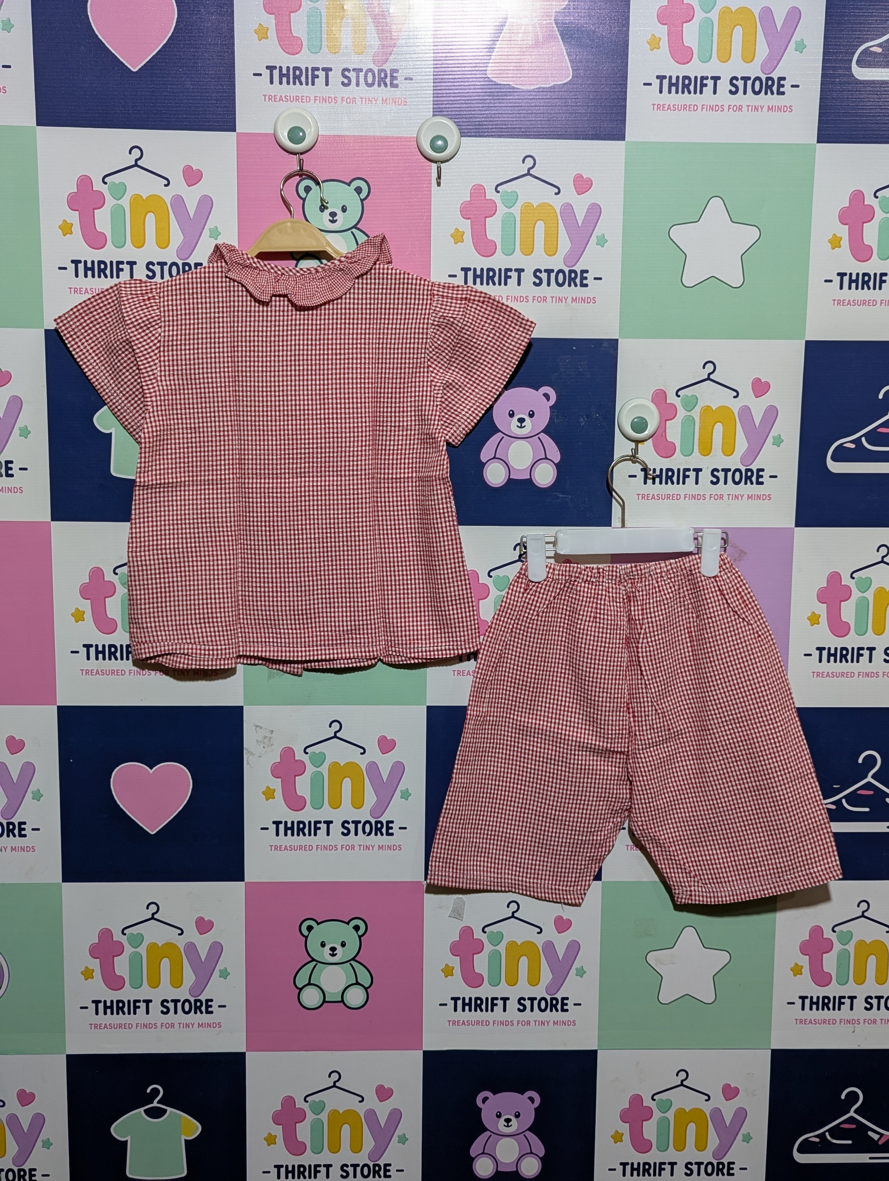 Japanese Brand Girls Red Gingham Peter Pan Collar Blouse and Shorts Set - Size 110 Estimated Age 5-6 Years AB1