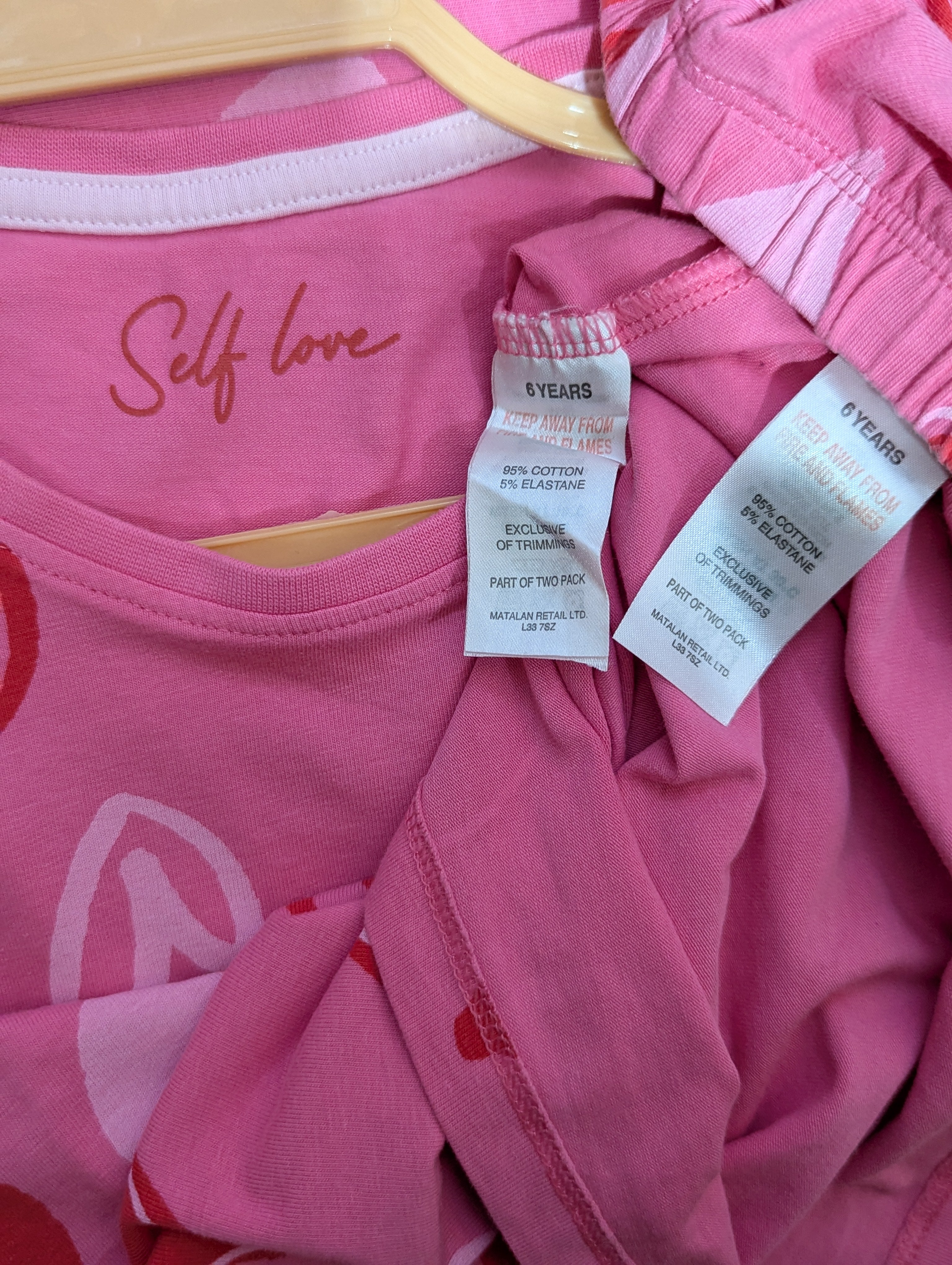Matalan Girls Pink "Self Love" Heart Print Lounge Set - Size 6 Years AB1