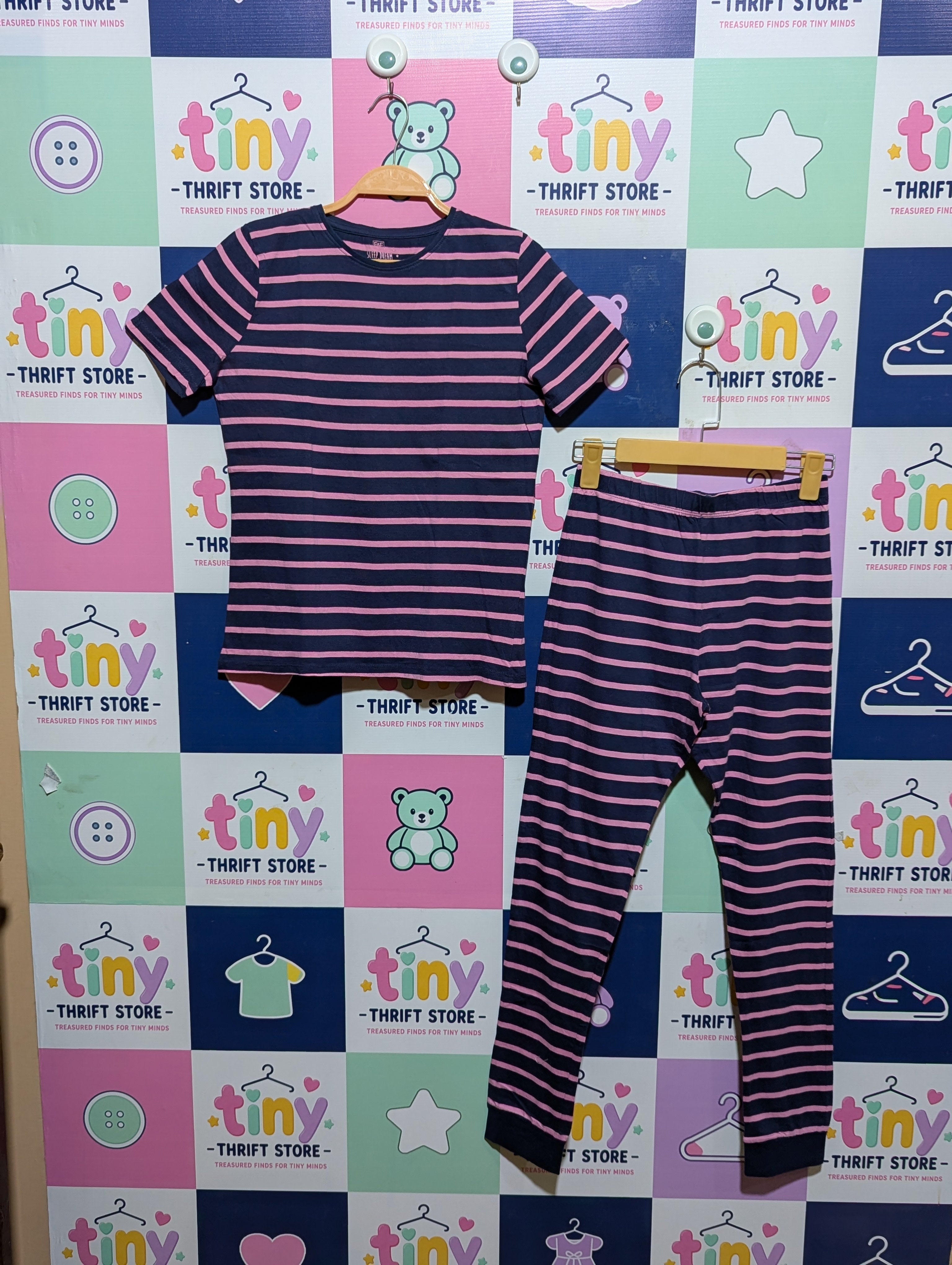 F&F Girls Navy & Pink Striped "Sleep Dream Wish" Lounge Set - Size 11-12 Years AB1
