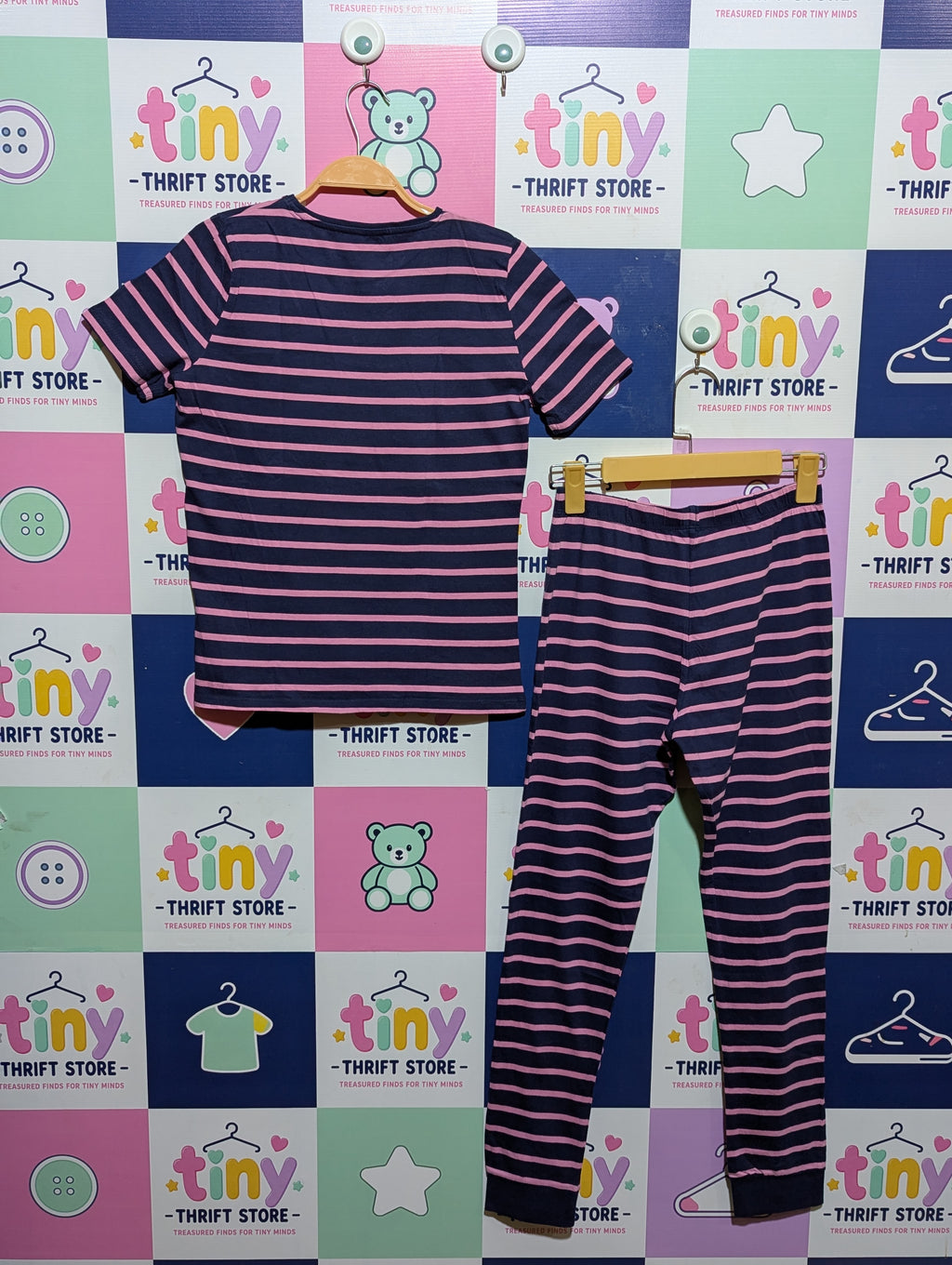 F&F Girls Navy & Pink Striped "Sleep Dream Wish" Lounge Set - Size 11-12 Years AB1