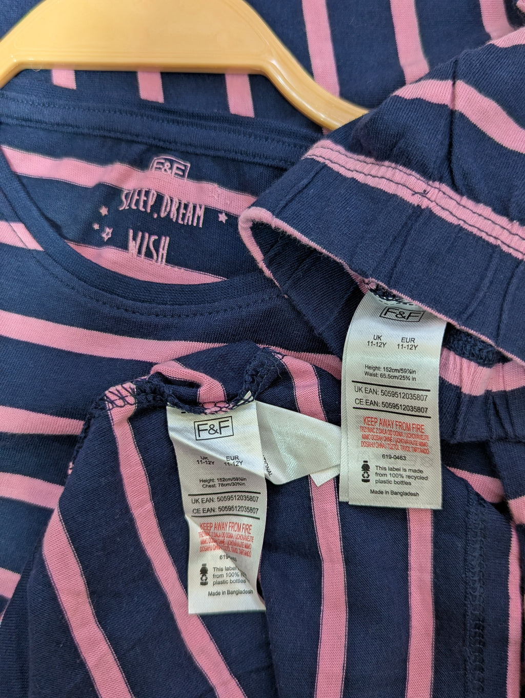 F&F Girls Navy & Pink Striped "Sleep Dream Wish" Lounge Set - Size 11-12 Years AB1