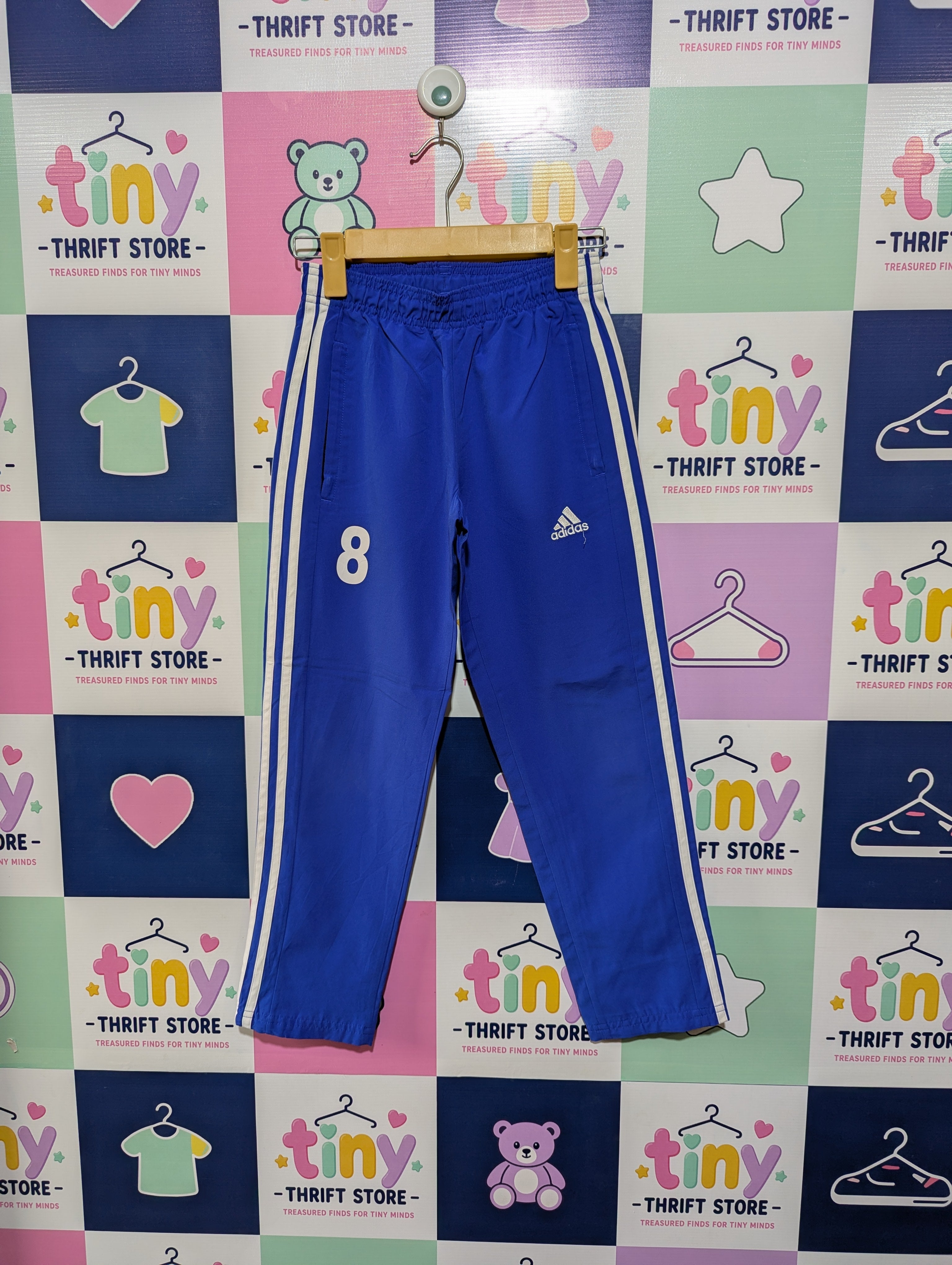 Adidas Unisex Boys Girls Royal Blue Three-Stripe Athletic Track Pants - Size 130 Estimated Age 7-8 Years AB1