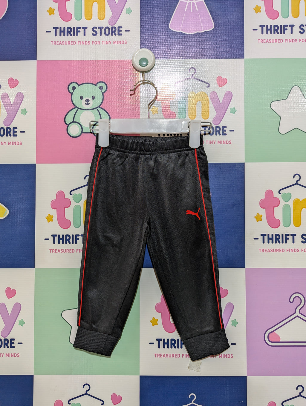 Puma Unisex Boys Girls Black Bright Red Piping Active Jogger Pants - Size 18M Estimated Age 12-18 Months AB1