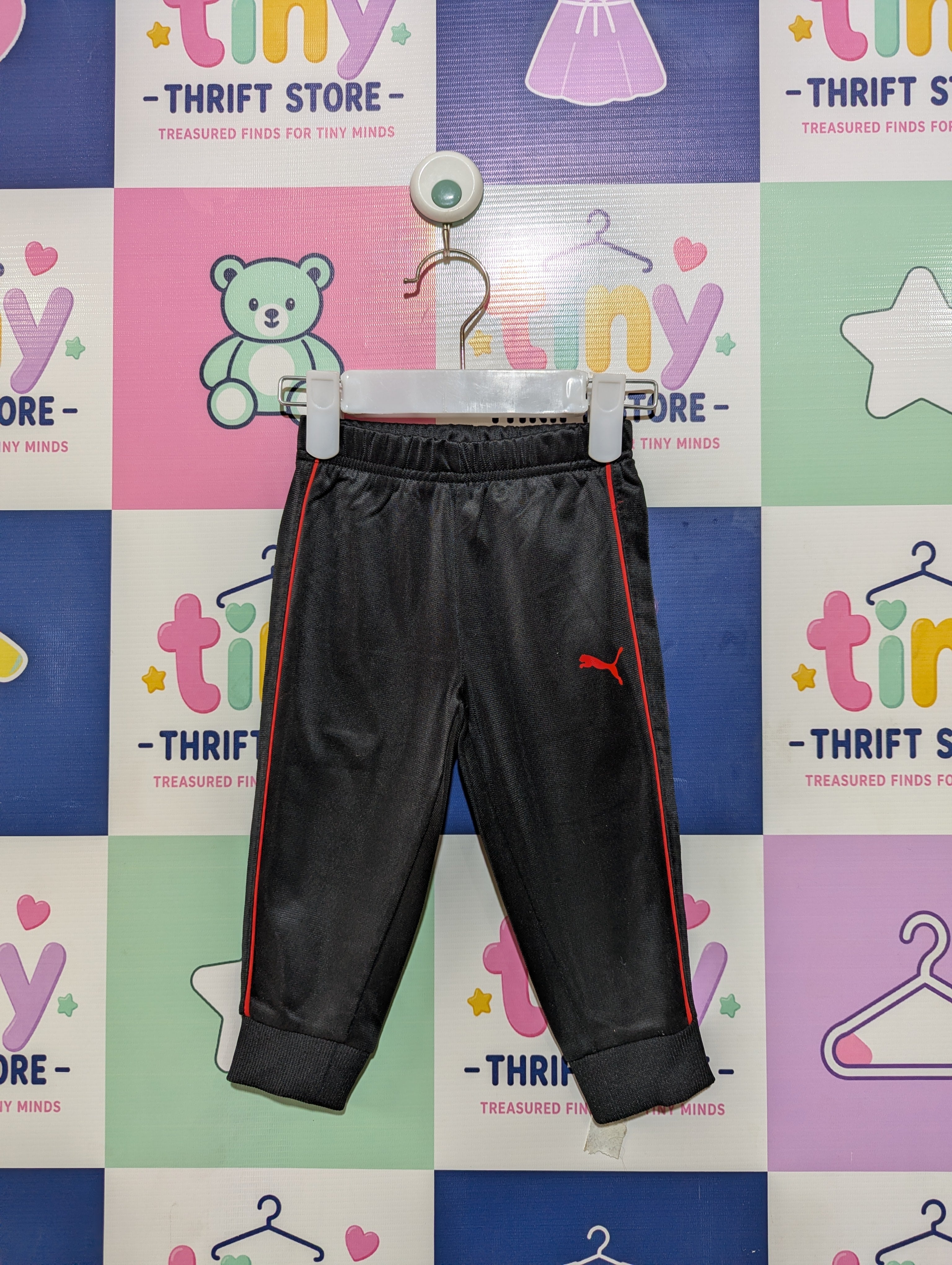 Puma Unisex Boys Girls Black Bright Red Piping Active Jogger Pants - Size 18M Estimated Age 12-18 Months AB1