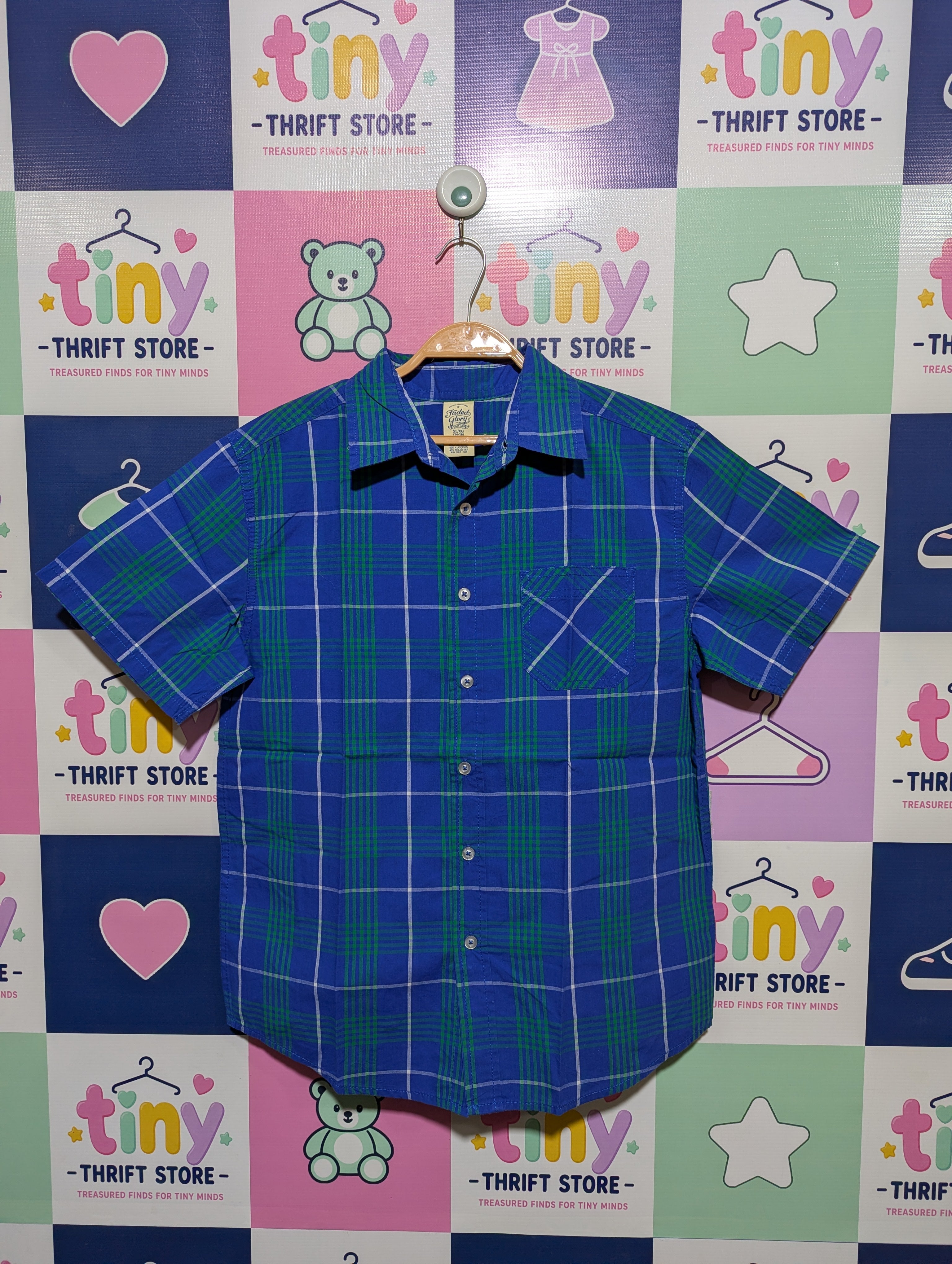 Faded Glory Boys Blue and Green Plaid Short Sleeve Shirt - Size XL (14-16) AB1