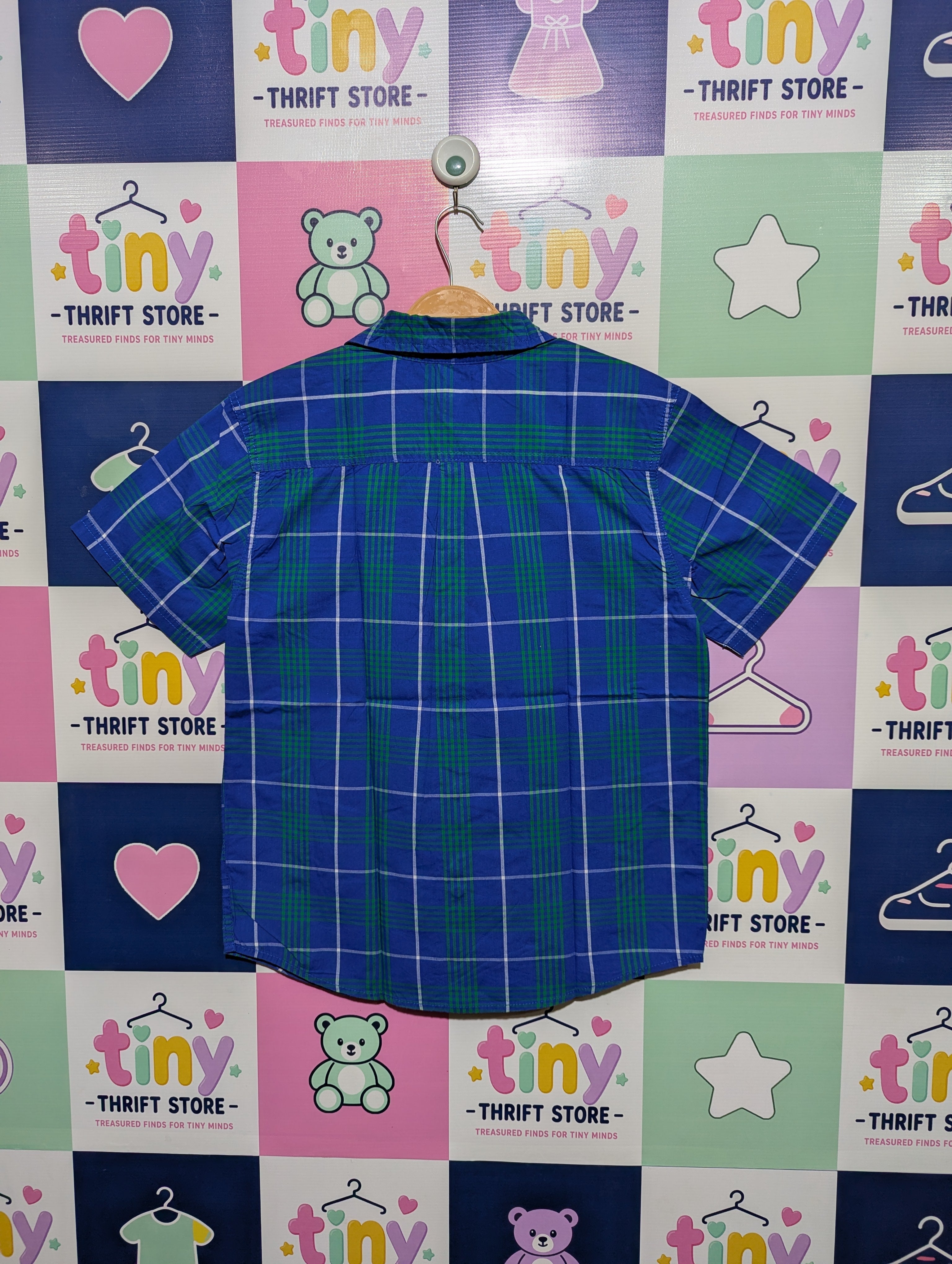 Faded Glory Boys Blue and Green Plaid Short Sleeve Shirt - Size XL (14-16) AB1