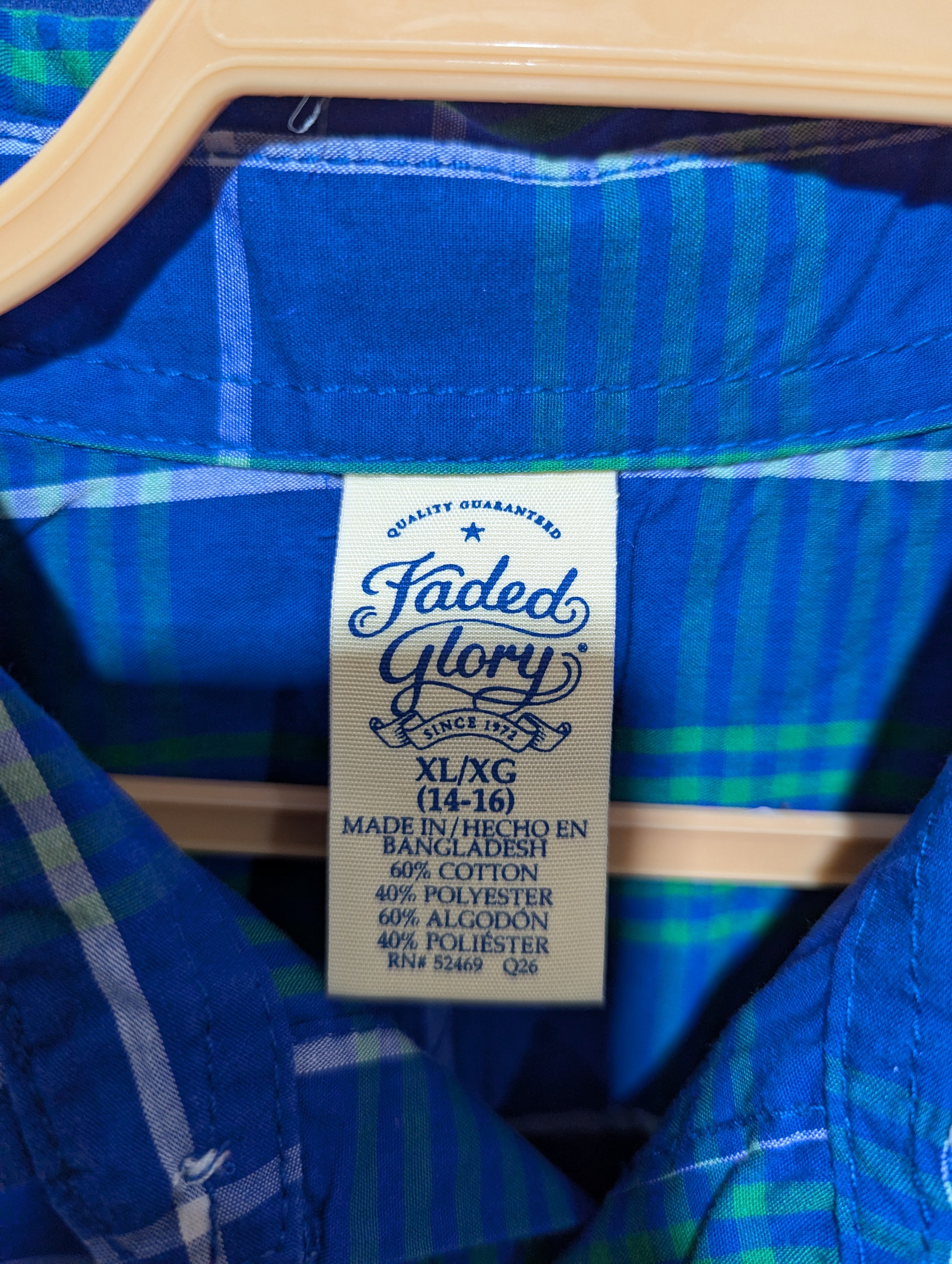 Faded Glory Boys Blue and Green Plaid Short Sleeve Shirt - Size XL (14-16) AB1