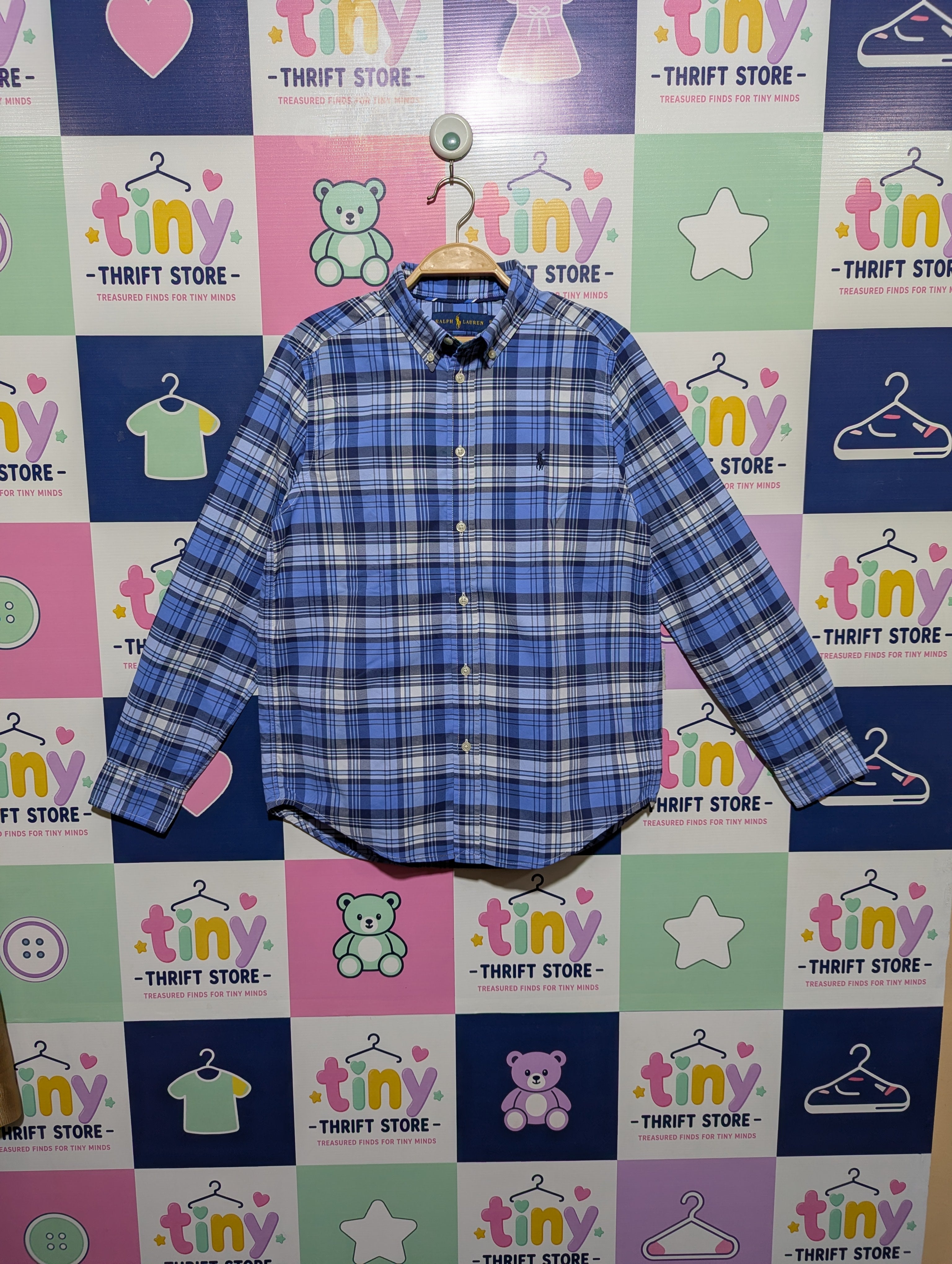 Ralph Lauren Boys Blue Plaid Button-Down Long Sleeve Shirt - Size L (14-16) AB1