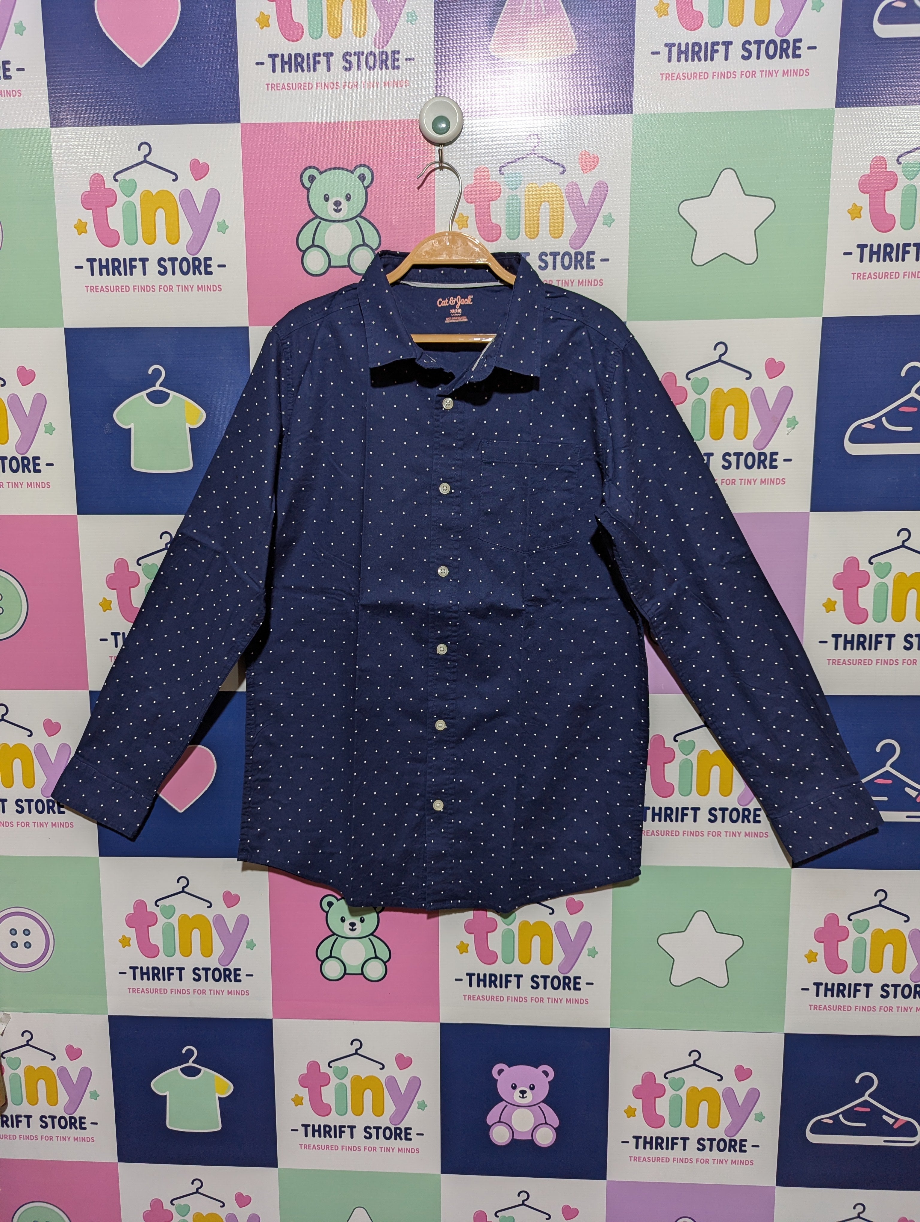 Cat & Jack Boys Navy Blue Polka Dot Long Sleeve Button-Down Shirt - Size XL (16) AB1