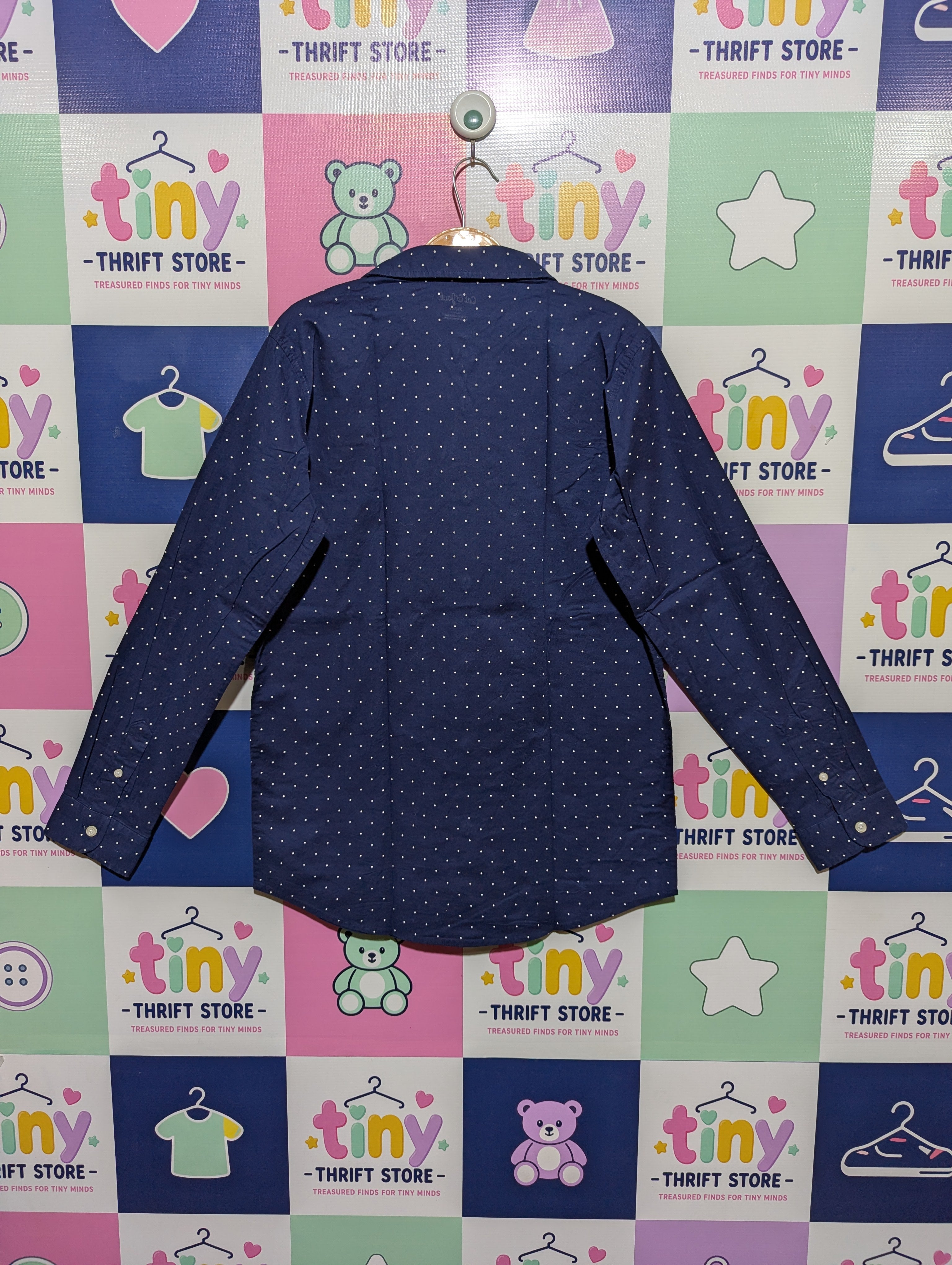 Cat & Jack Boys Navy Blue Polka Dot Long Sleeve Button-Down Shirt - Size XL (16) AB1