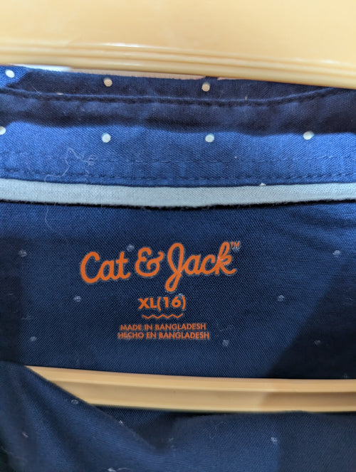 Cat & Jack Boys Navy Blue Polka Dot Long Sleeve Button-Down Shirt - Size XL (16) AB1