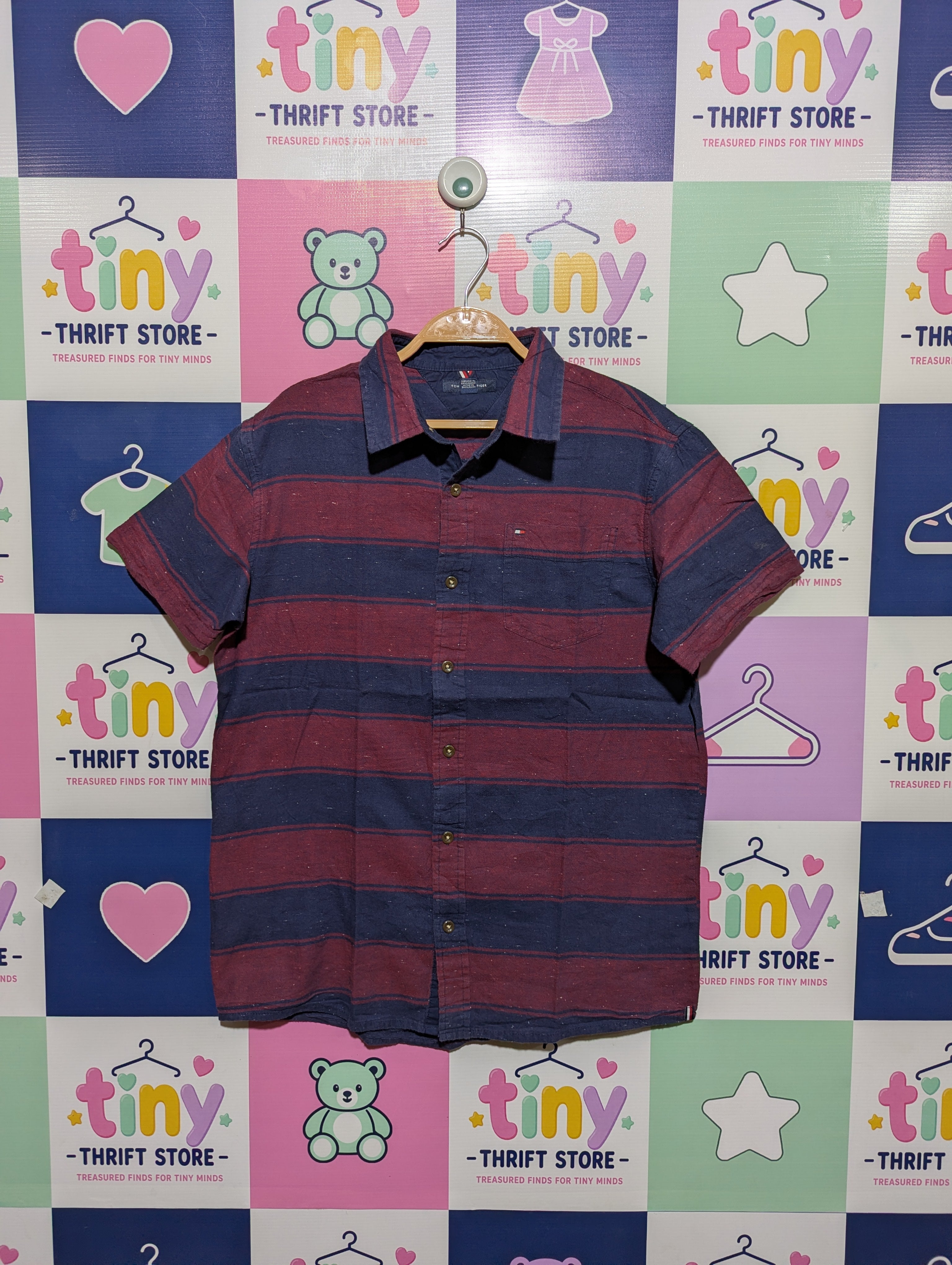Tommy Hilfiger Boys Navy & Maroon Striped Short Sleeve Shirt - Size XL (16-18) AB1
