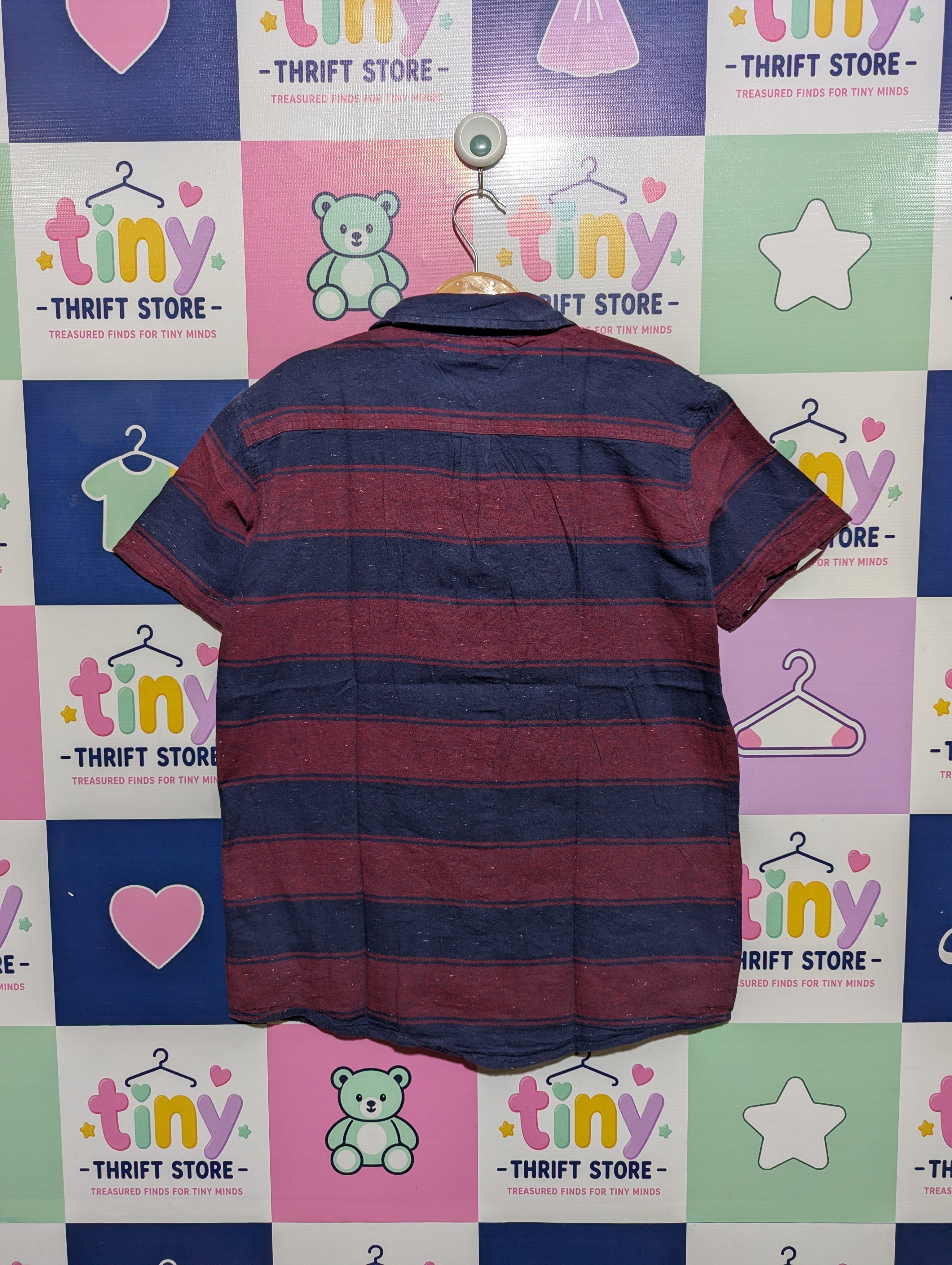 Tommy Hilfiger Boys Navy & Maroon Striped Short Sleeve Shirt - Size XL (16-18) AB1