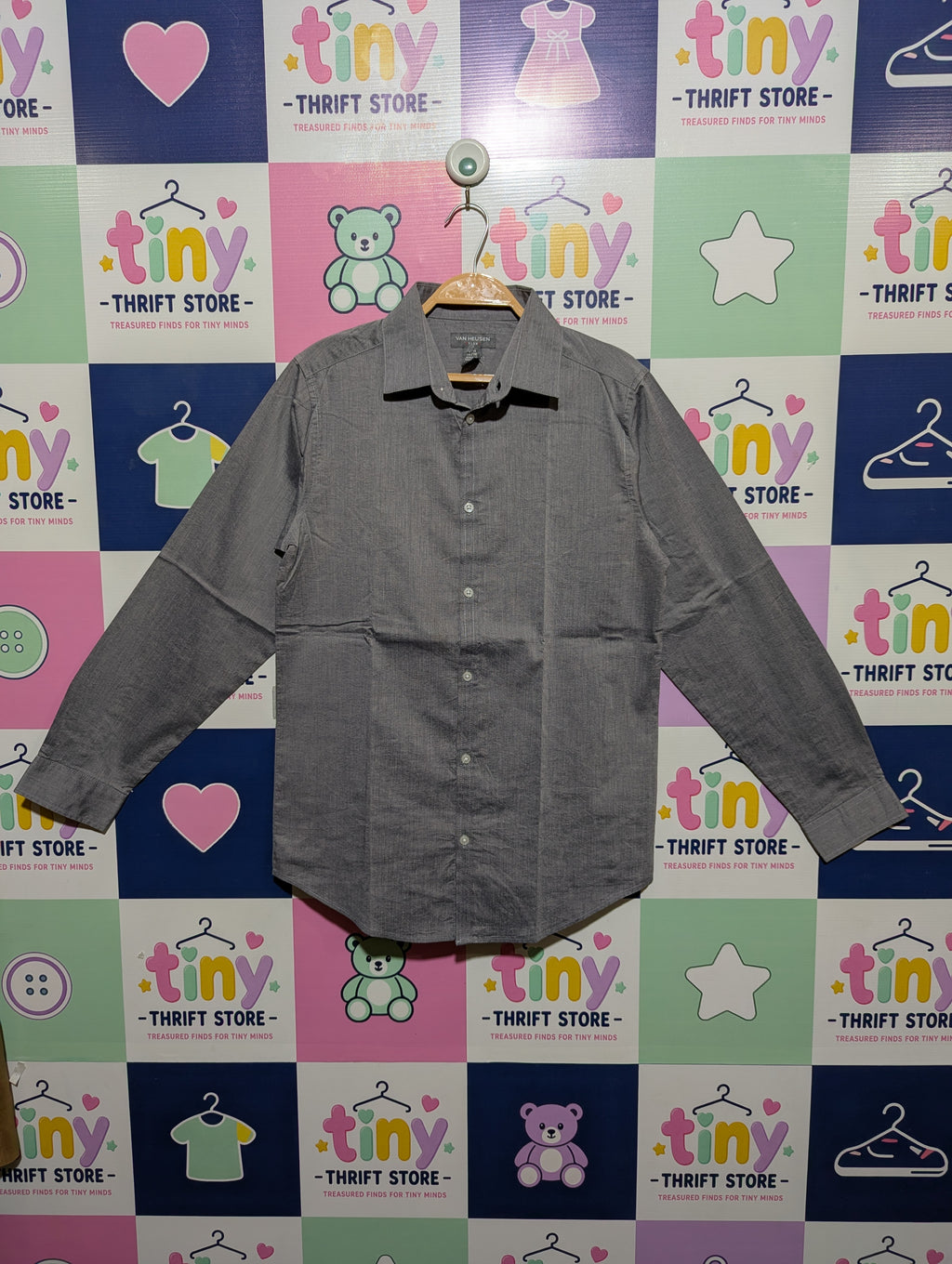 Van Heusen Boys Grey Solid Long Sleeve Button-Down Shirt - Size L (14-16) AB1