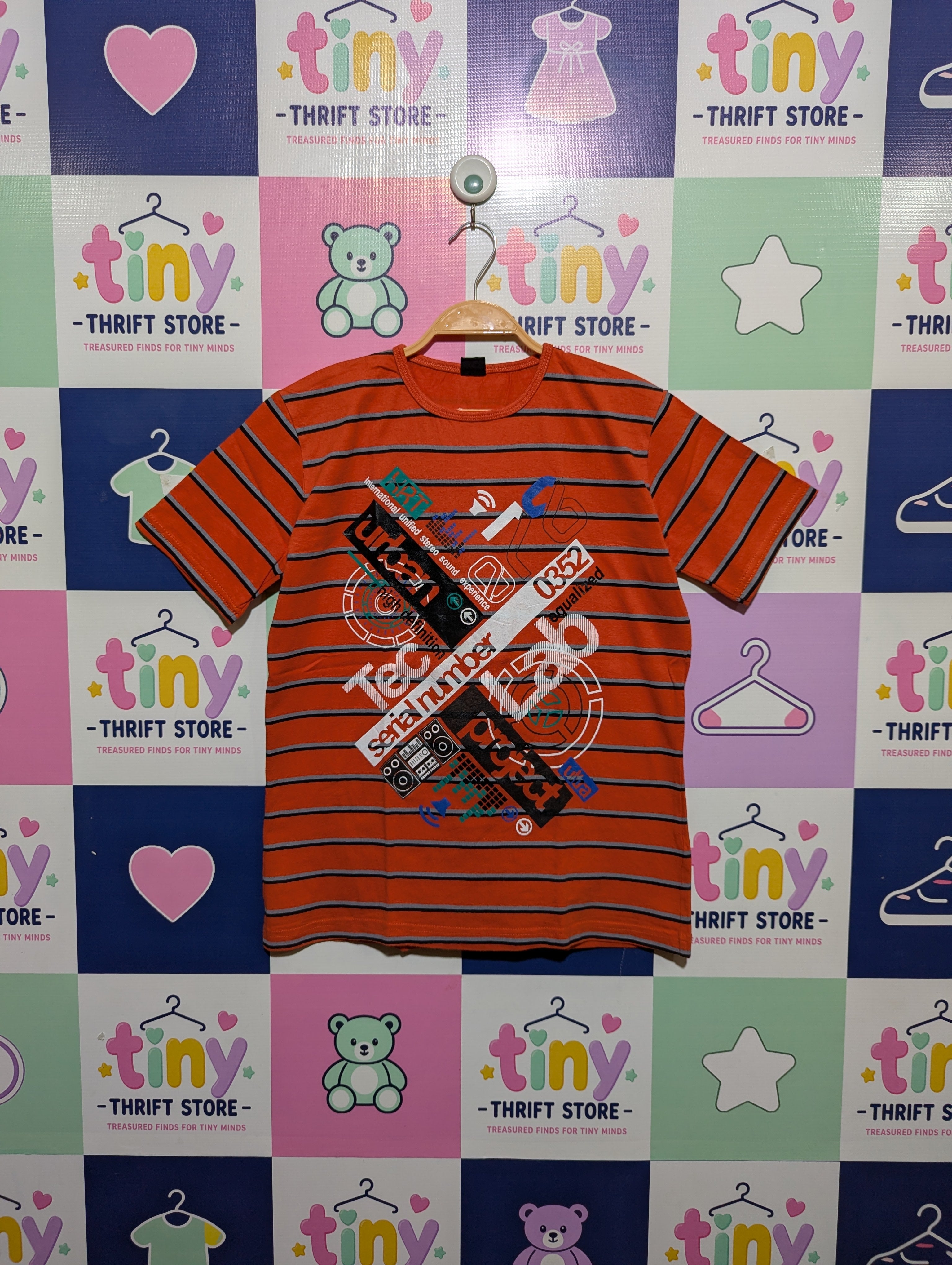 Y.E.K. Boys Orange Graphic Striped Short Sleeve Tee - Size 158/164 (Estimated Age 13-15) AB1