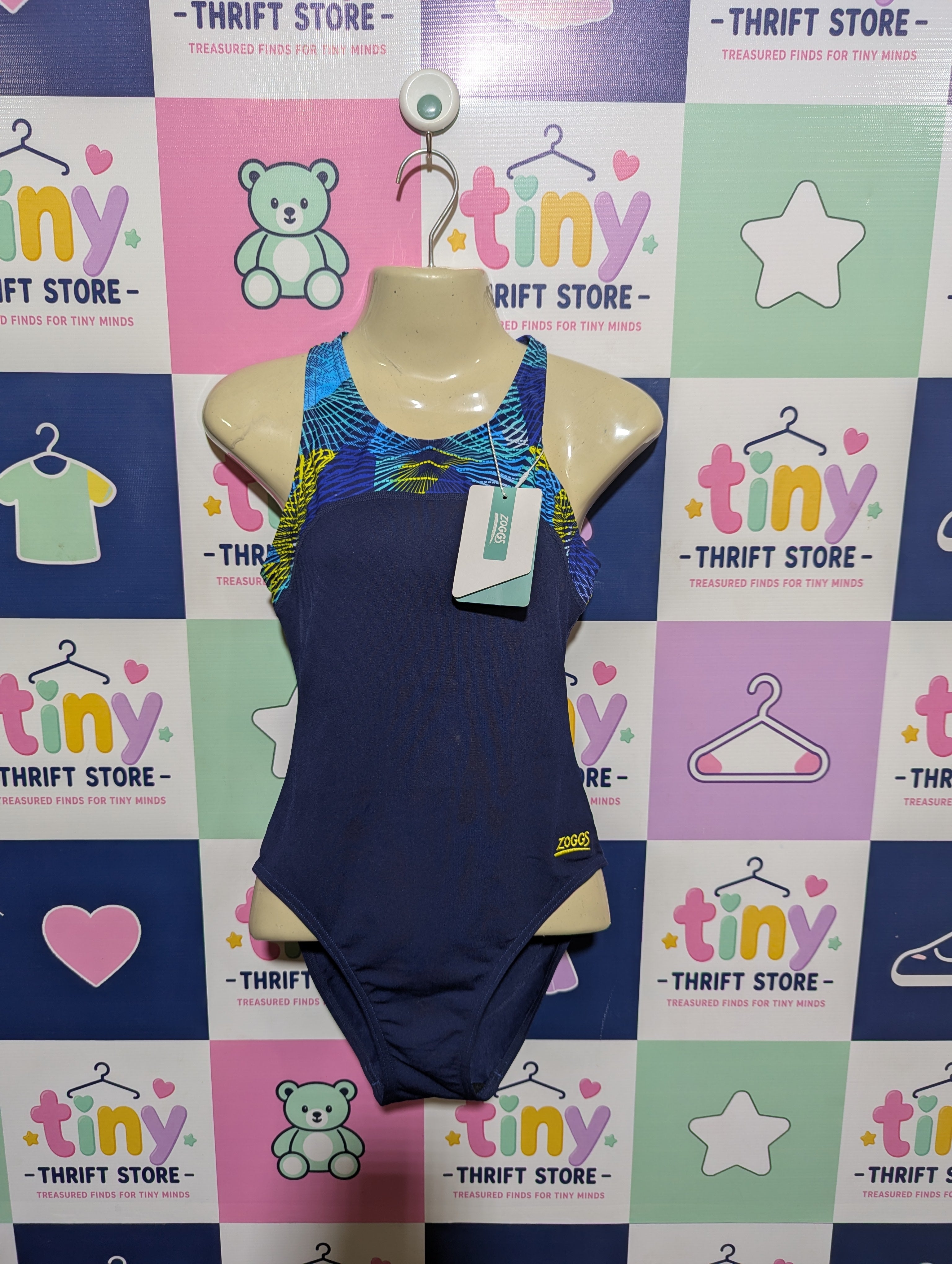 Zoggs Girls Navy Blue Patterned Performance Swimsuit - Size 8 Estimated Age 15 Years AB1