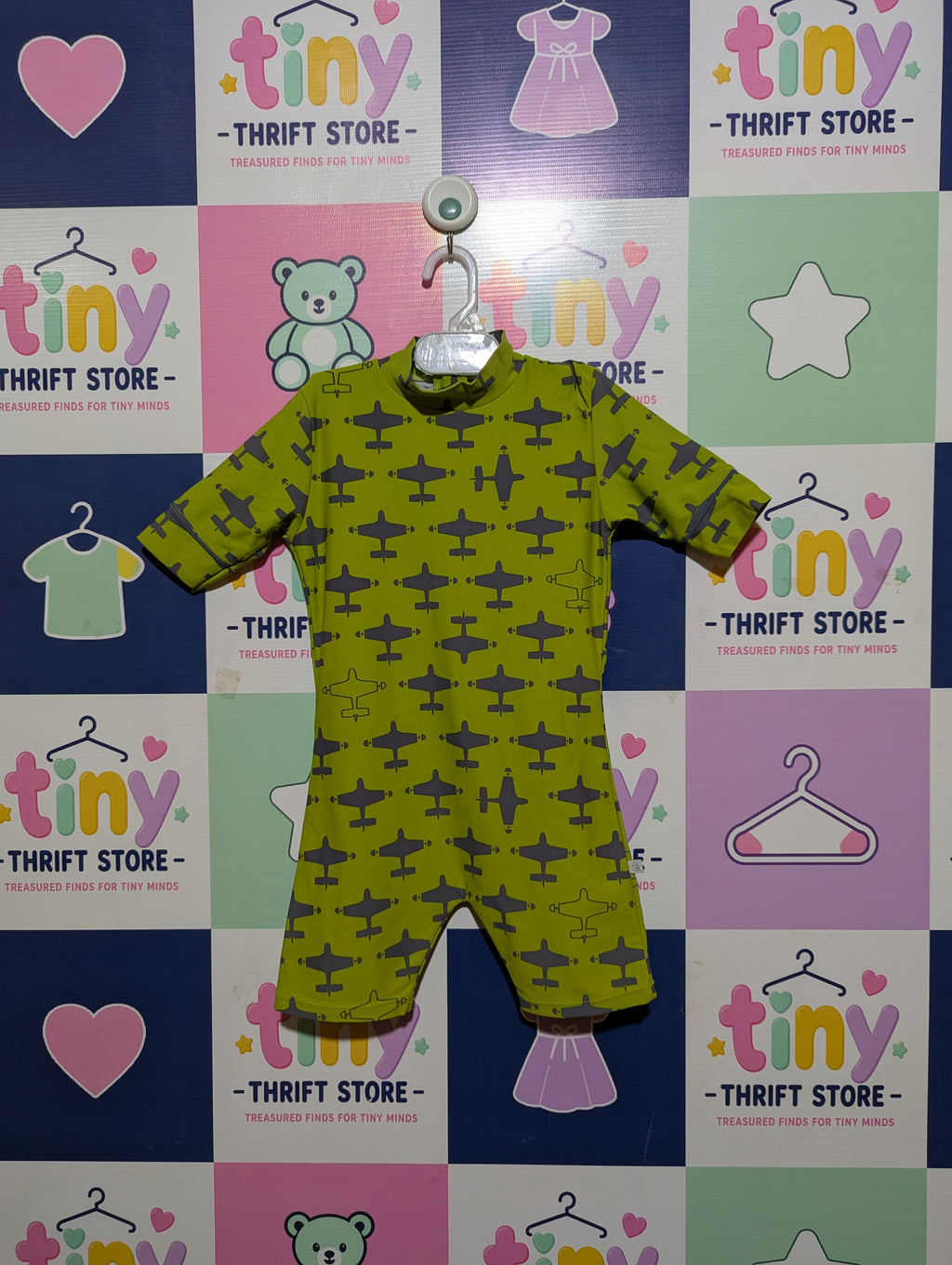 Boys Olive Green "Airplane Print" One-Piece Swimsuit - Size Estimated Age 4-6 Years AB1
