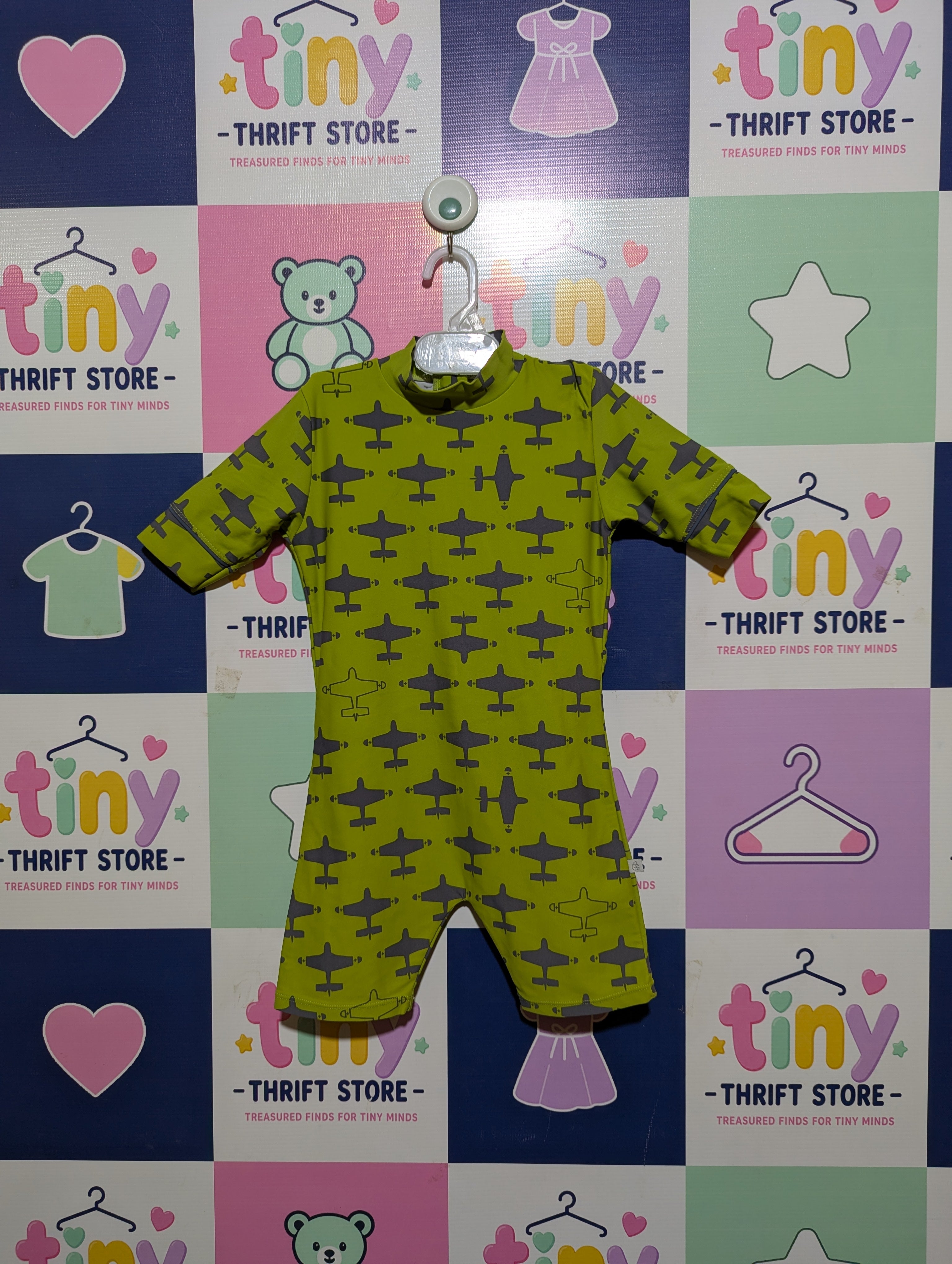 Boys Olive Green "Airplane Print" One-Piece Swimsuit - Size Estimated Age 4-6 Years AB1
